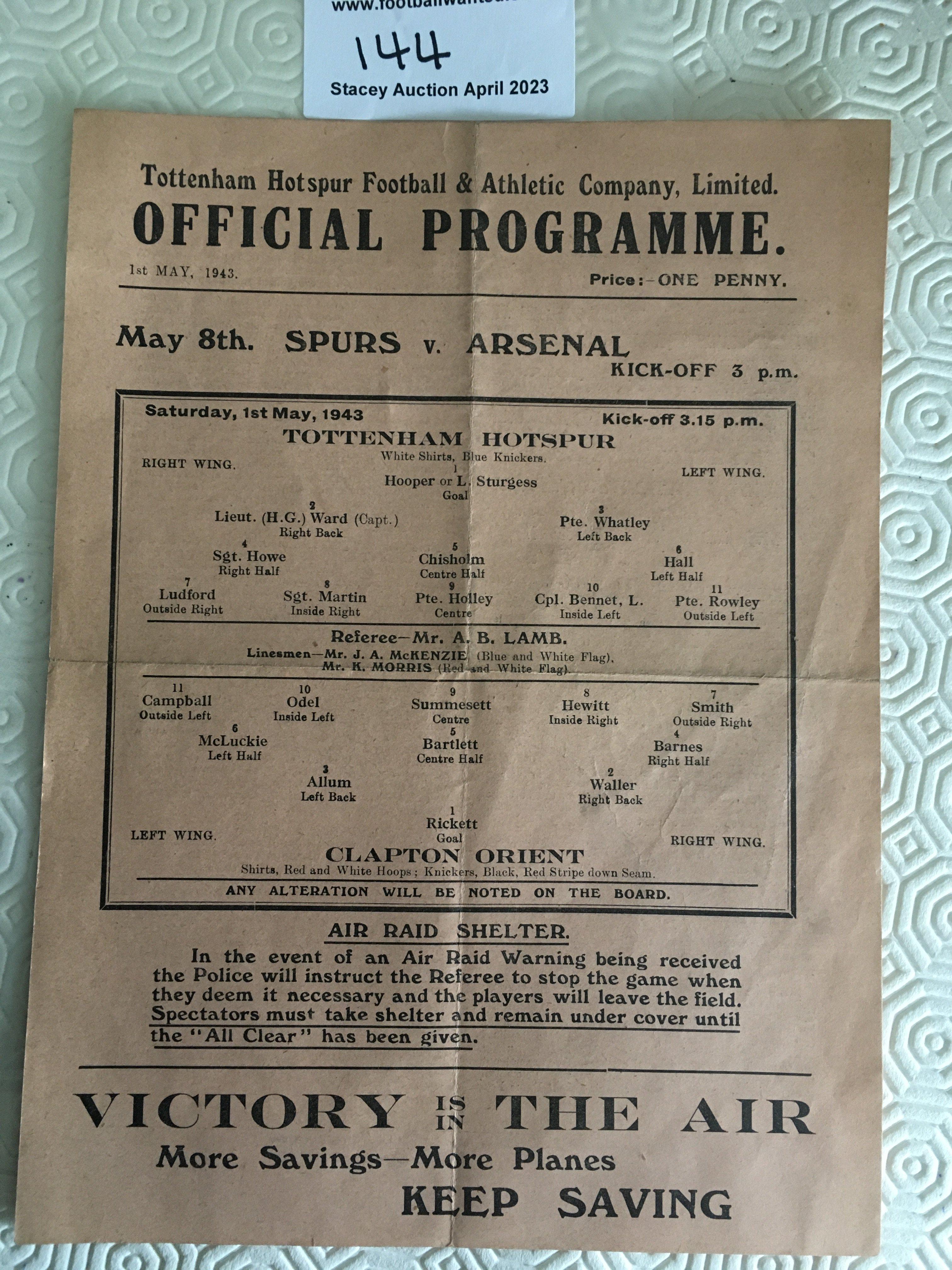 42/43 Tottenham v Clapton Orient Football Programme: Good condition single sheet dated 1 5 1943 with no team changes. Folding.