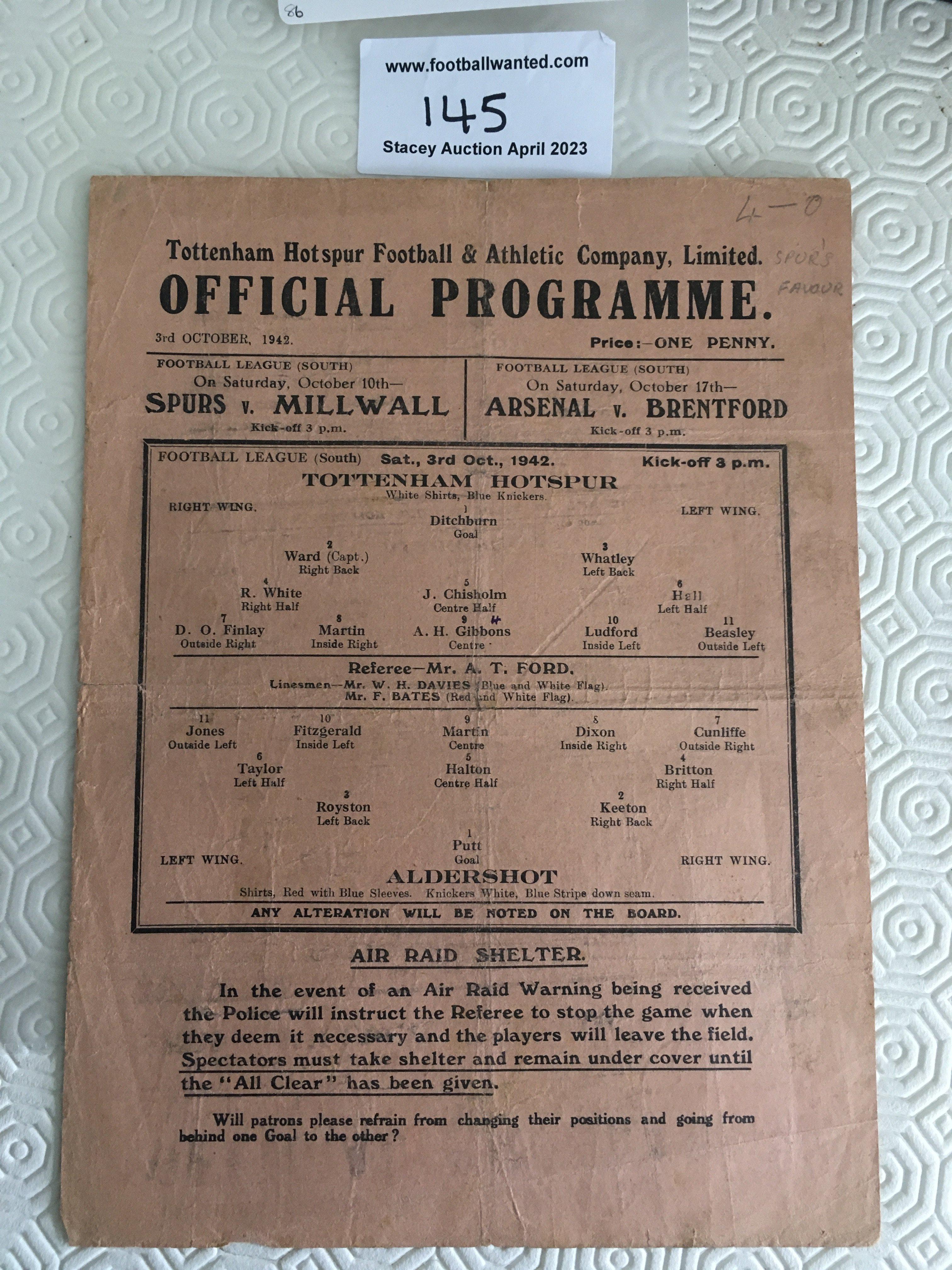 42/43 Tottenham v Aldershot Football Programme: Fair condition single sheet league match with no team changes. Creasing and score written in pencil. Reverse a bit grubby and slight tear on fold.