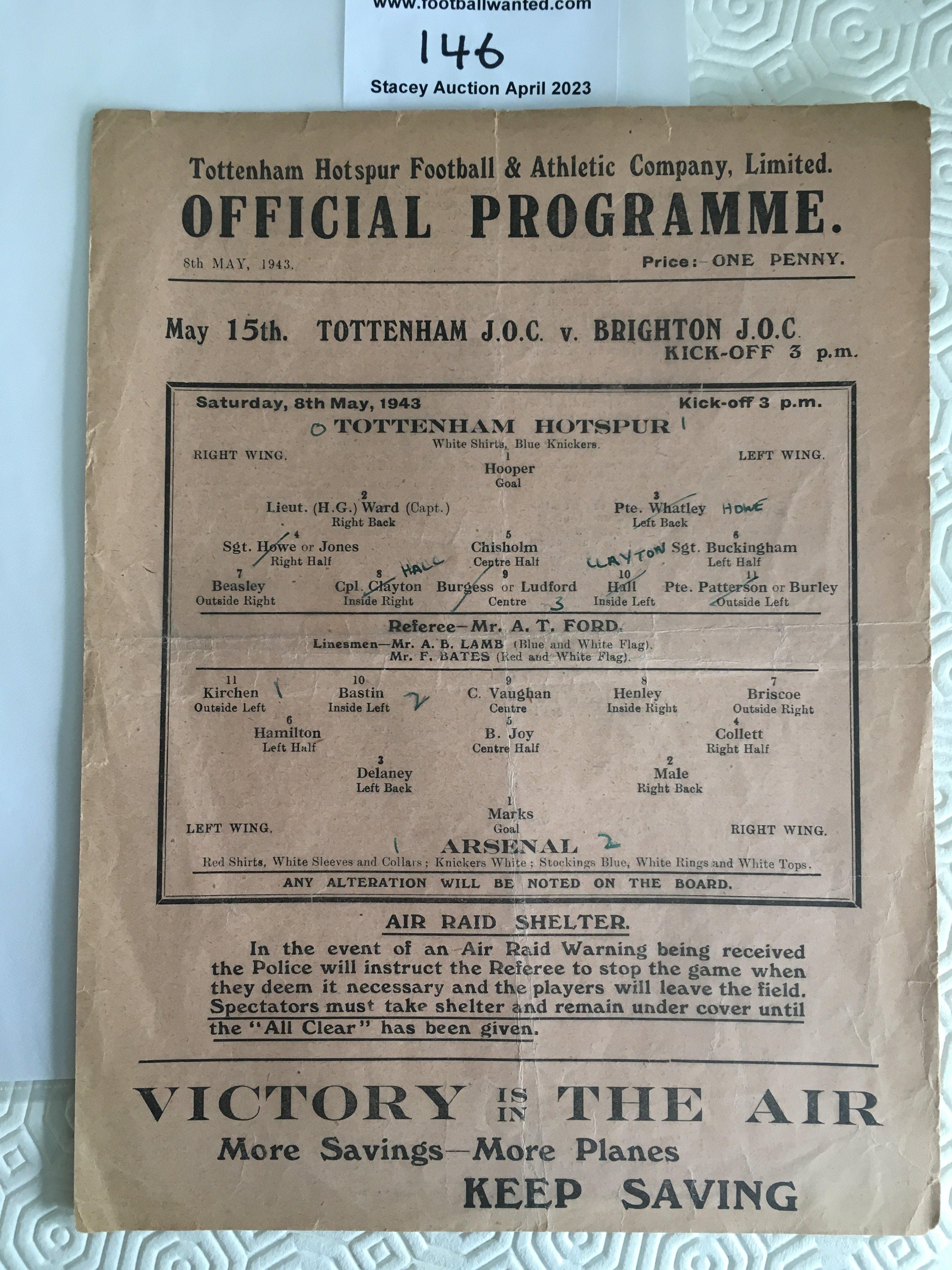 42/43 Tottenham v Arsenal Charity Football Programme: Fair/good condition single sheet charity match with team changes.