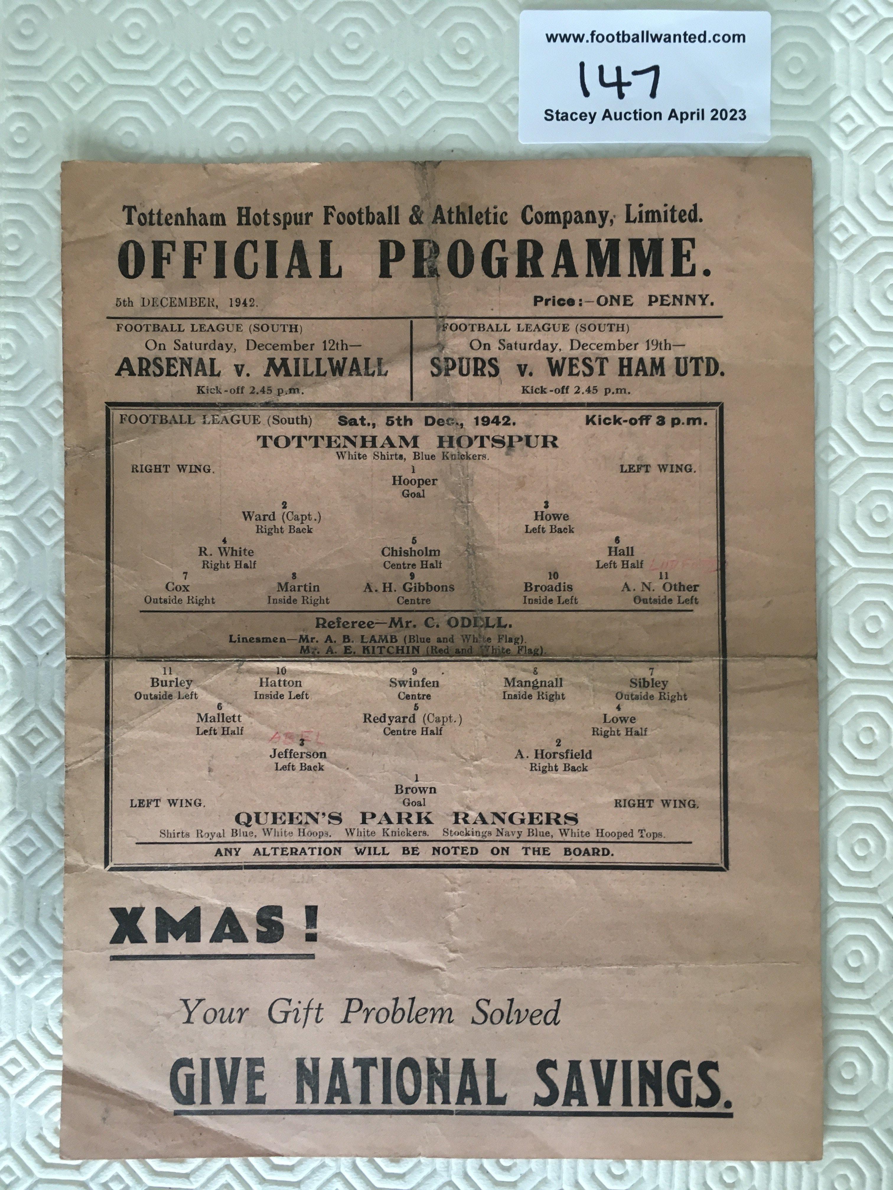 42/43 Tottenham v QPR Football Programme: Fair condition single sheet league match with no team changes. Folding.