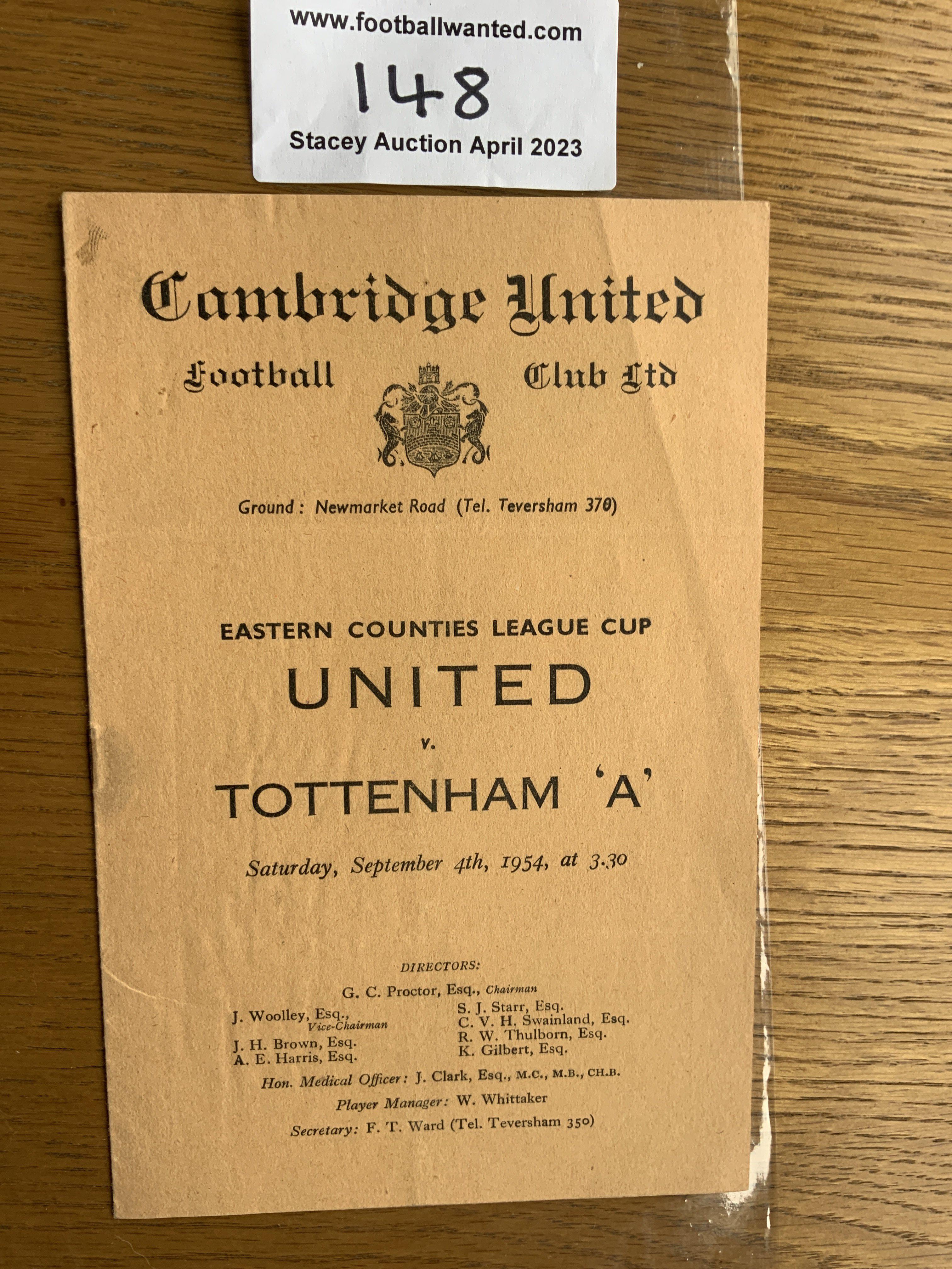 54/55 Cambridge United v Tottenham A Football Programme: Eastern Counties League Cup programme in very good condition with no team changes.