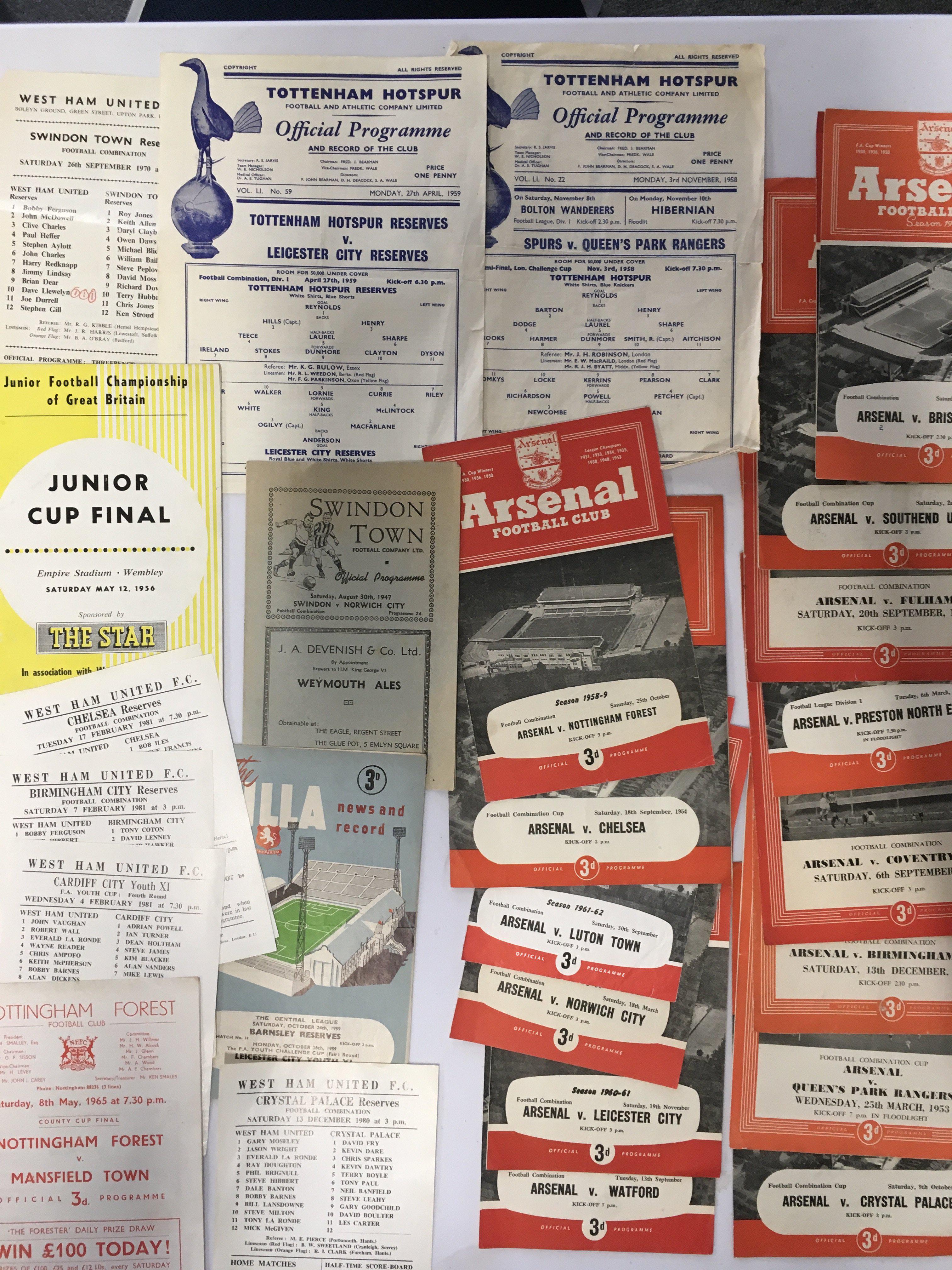 Reserve + Youth Football Programmes: Wide range of clubs and eras to include 50s Arsenal, 47/48 Swindon v Norwich, 51/52 Newcastle v Aston Villa, 54/55 Huddersfield v Preston. (120)