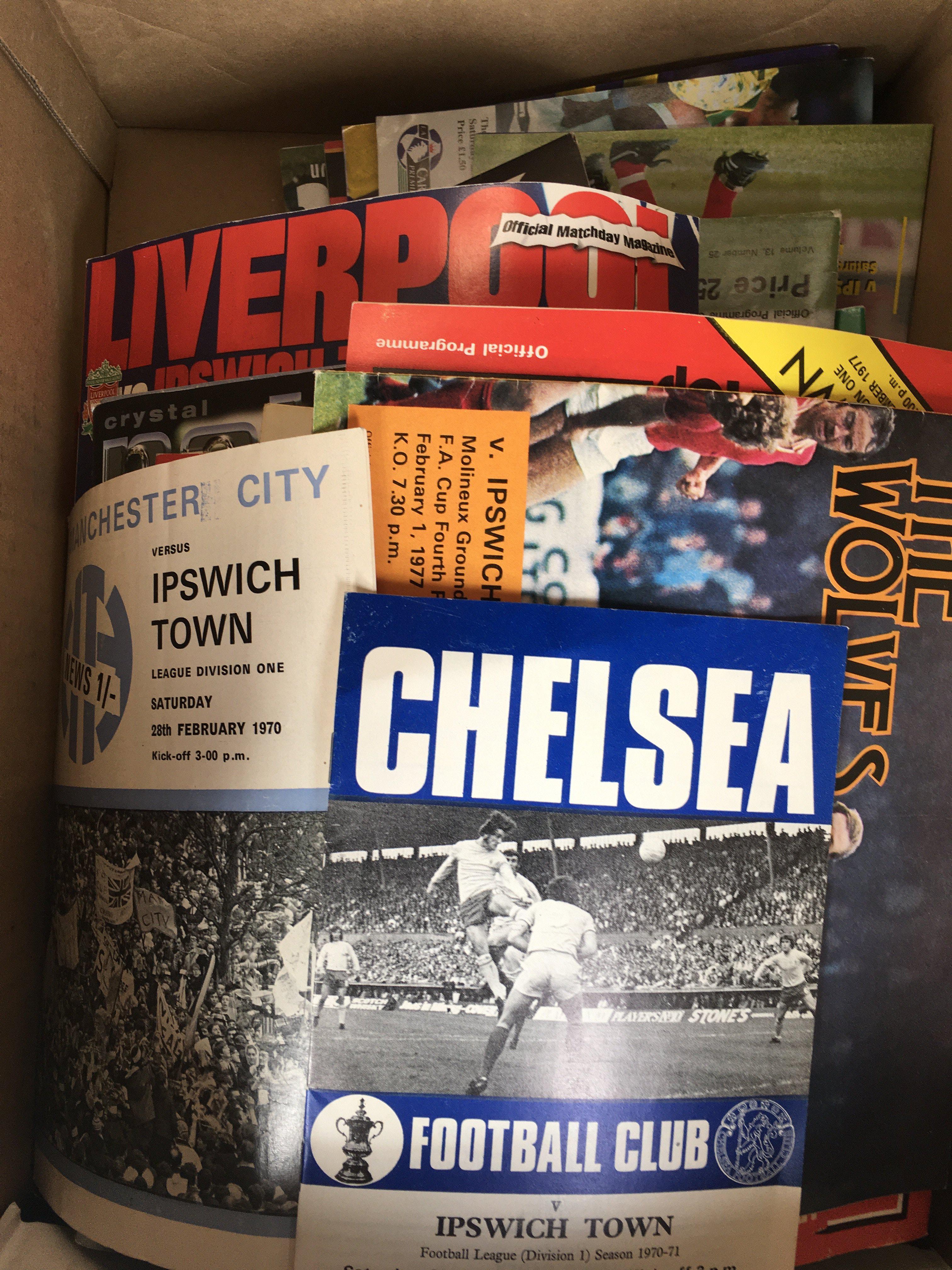 Ipswich Town Away Football Programmes: Quantity of mainly modern aways. C/W an Ipswich shirt signed by Mahon and Kuqui.