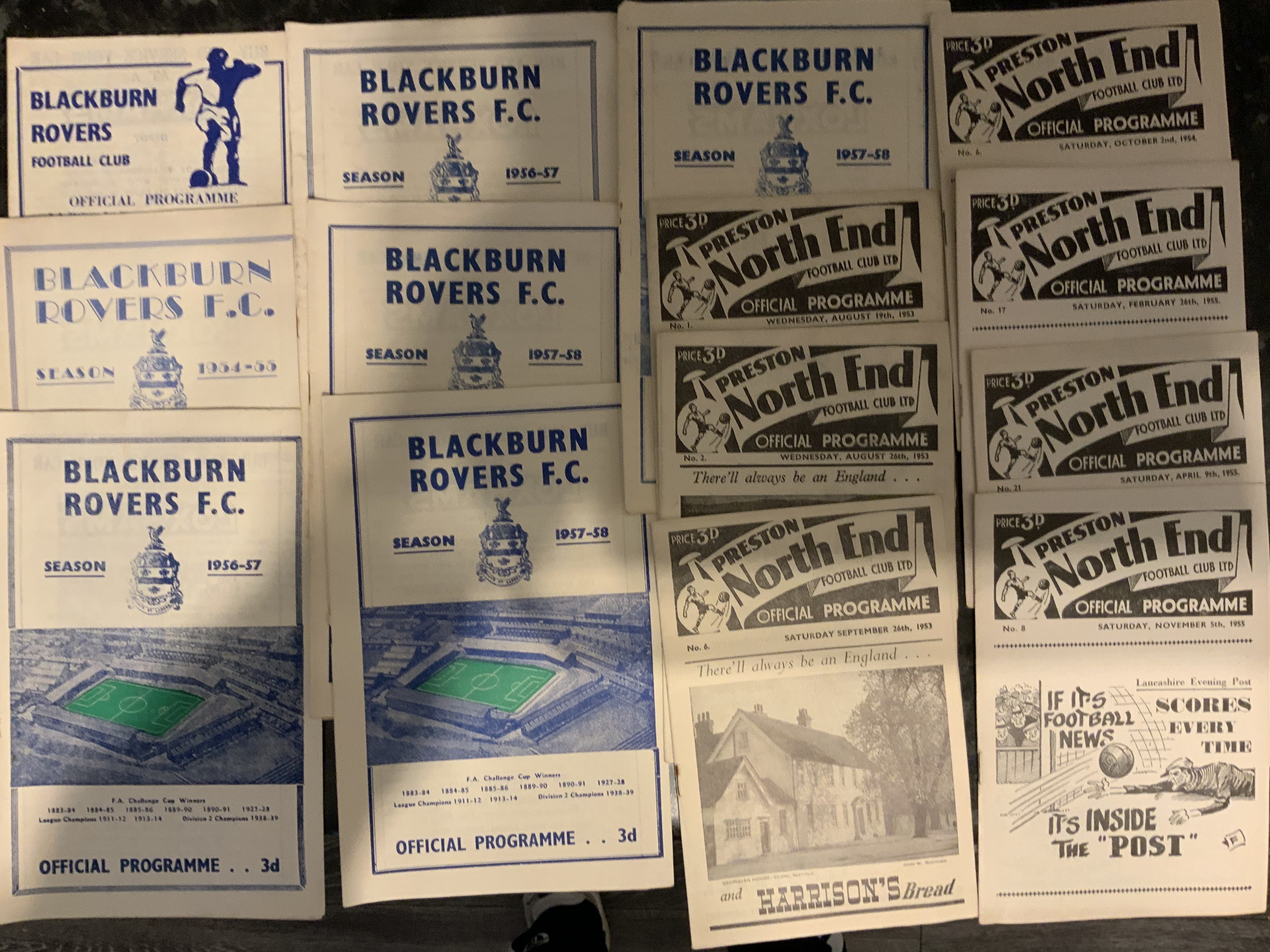 Football Programme Box: Preston aways from the early 50s x 8, Blackburn Burnley Preston Blackpool homes from the early to mid 50s x 27, Shrewsbury Town 30s practice match, Chester Plymouth and a SwIndon home from the 40s, 51 FA Cup semi final Birmingham v Blackpool plus other 50s including 53/54 Patrick v Dundee. This lot has reserves, cup finals including Welsh cup and much more. Worth viewing. (box)