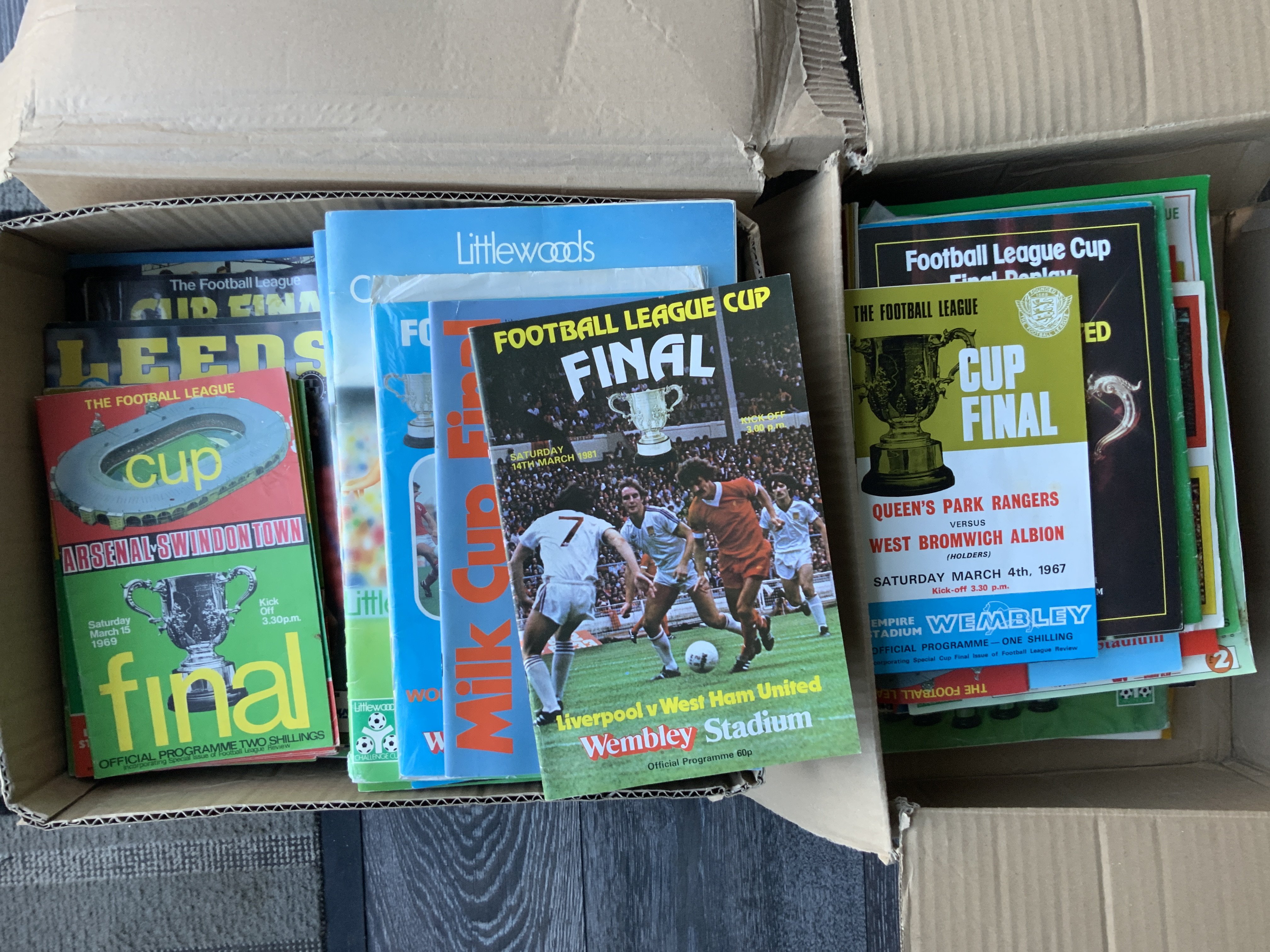 League Cup Final Football Programmes: 135 finals plus 69 semi finals with duplication. Mainly good in two boxes with instructions to sell. (200+)