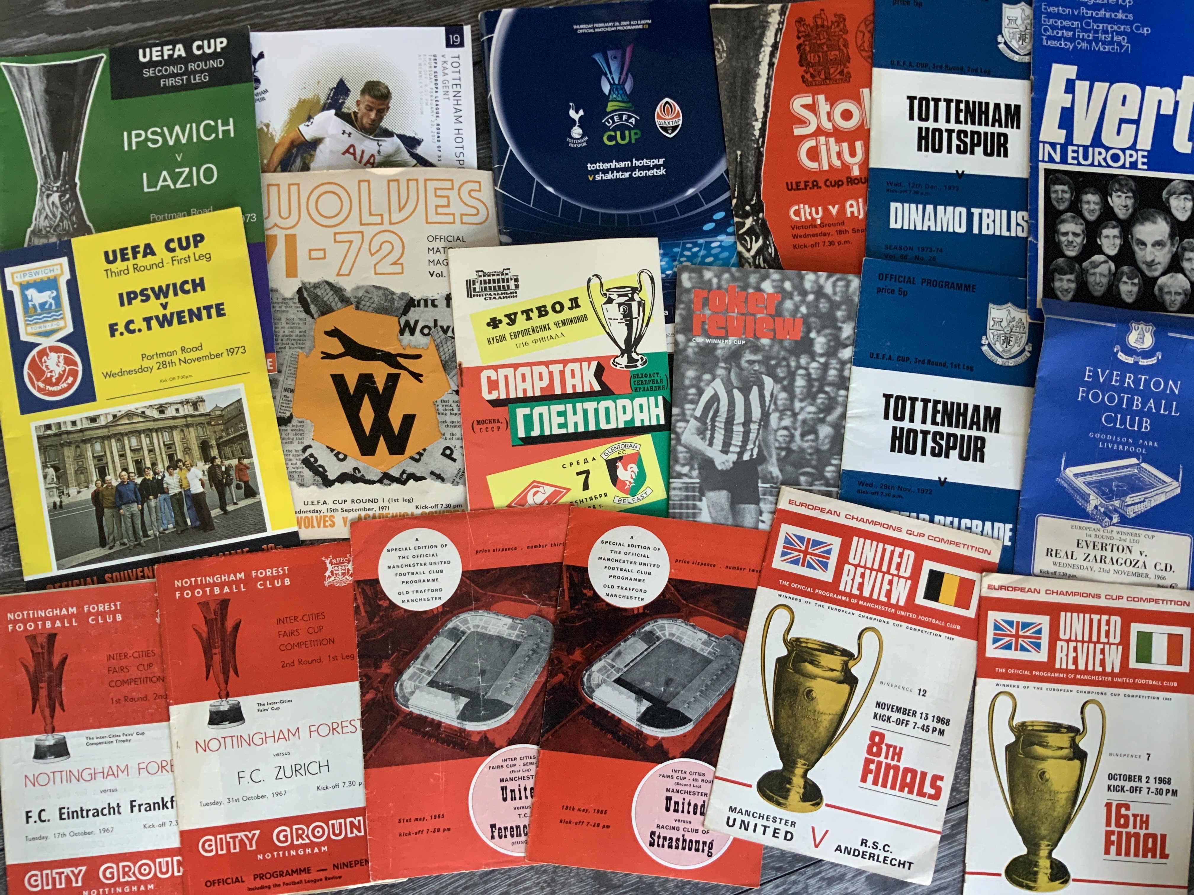 British Clubs In Europe Football Programmes: From the 60s onwards to include Manchester United aways plus 80/81 Hauger v Newport and Dinamo Tblisi v West Ham. Good. (77)