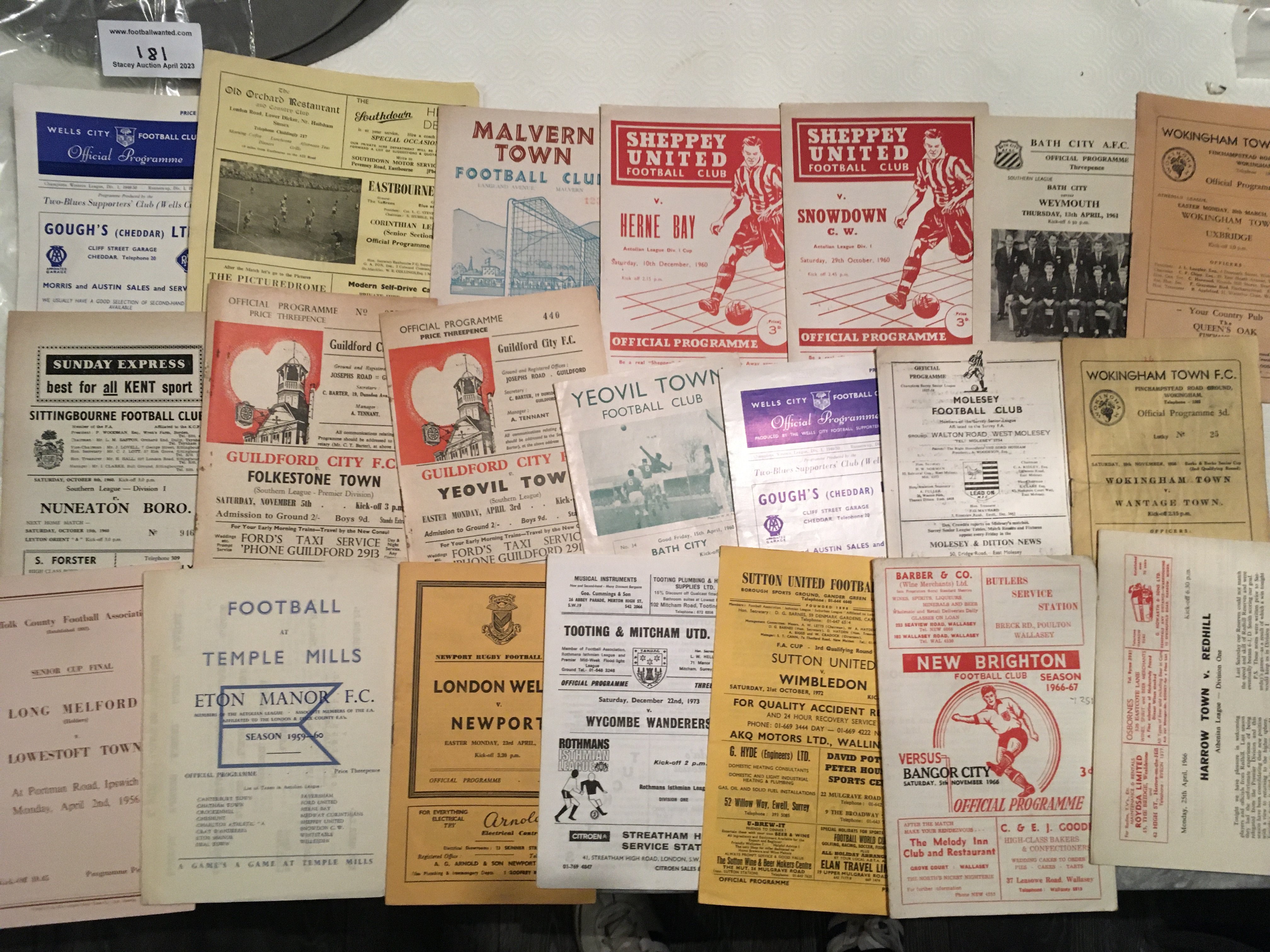 Non League Football Programmes: Mainly late 50s onwards but spotted some mid 50s Wells City homes v Bristol City Colts and Bideford. Wide range of clubs often playing league clubs. Worth a look as instructions to sell. (60)