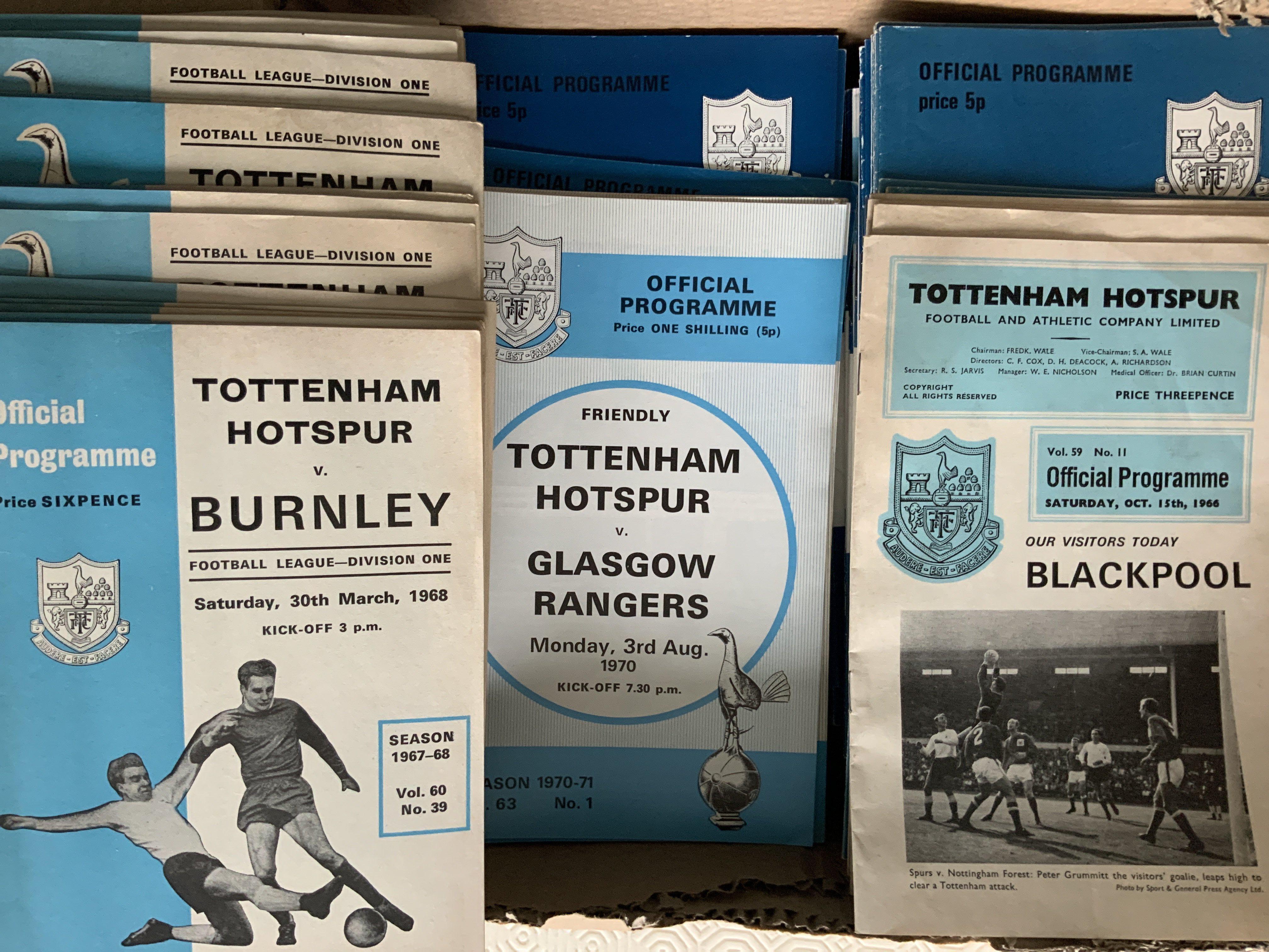 Tottenham Home Football Programmes: From 1966 to 1976 the smaller format programmes mainly in good condition. Some have team changes. Instructions to sell. (est 180)