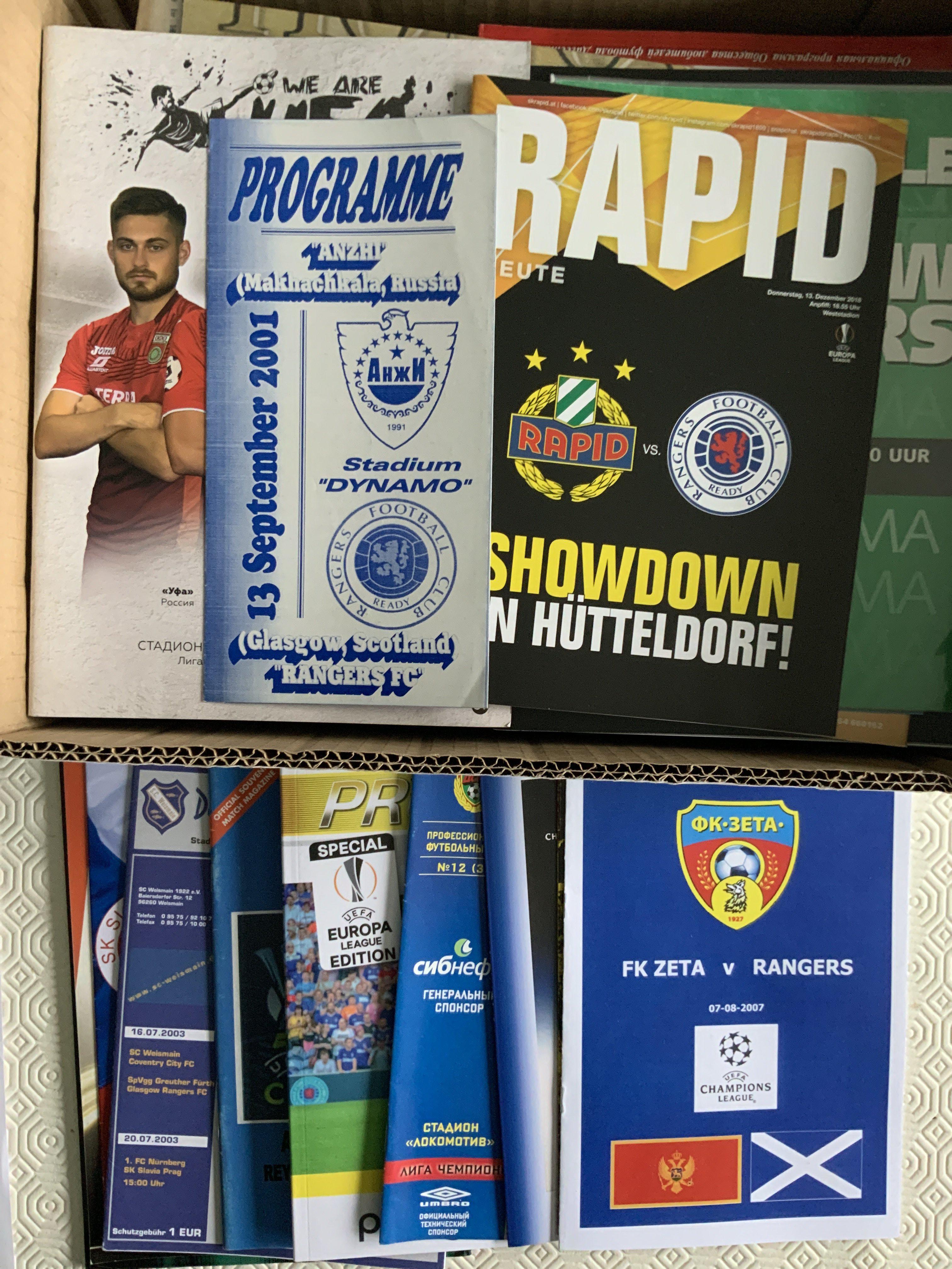 Glasgow Rangers European Away Football Programmes: From 2000 to 2020 including some newspaper editions and team sheets. Some harder to obtain included. Excellent. (118)