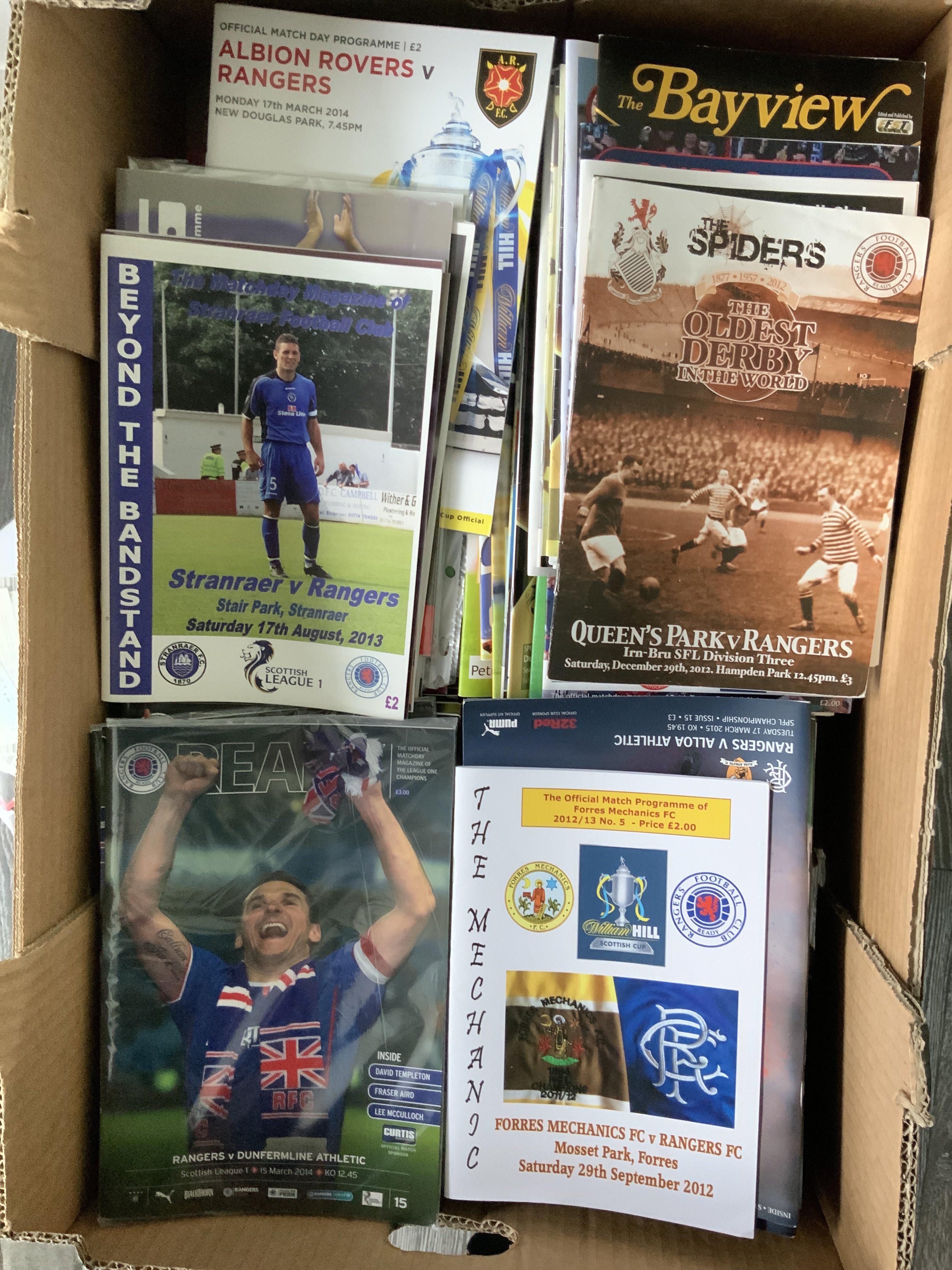 Glasgow Rangers Football Programmes: From 2012/2013 to 2014/2015 seasons which were in the lower divisions of Scottish football. Home and away with some low print runs with some of the 76 aways. C/W some team sheets. Instructions to sell. (140)