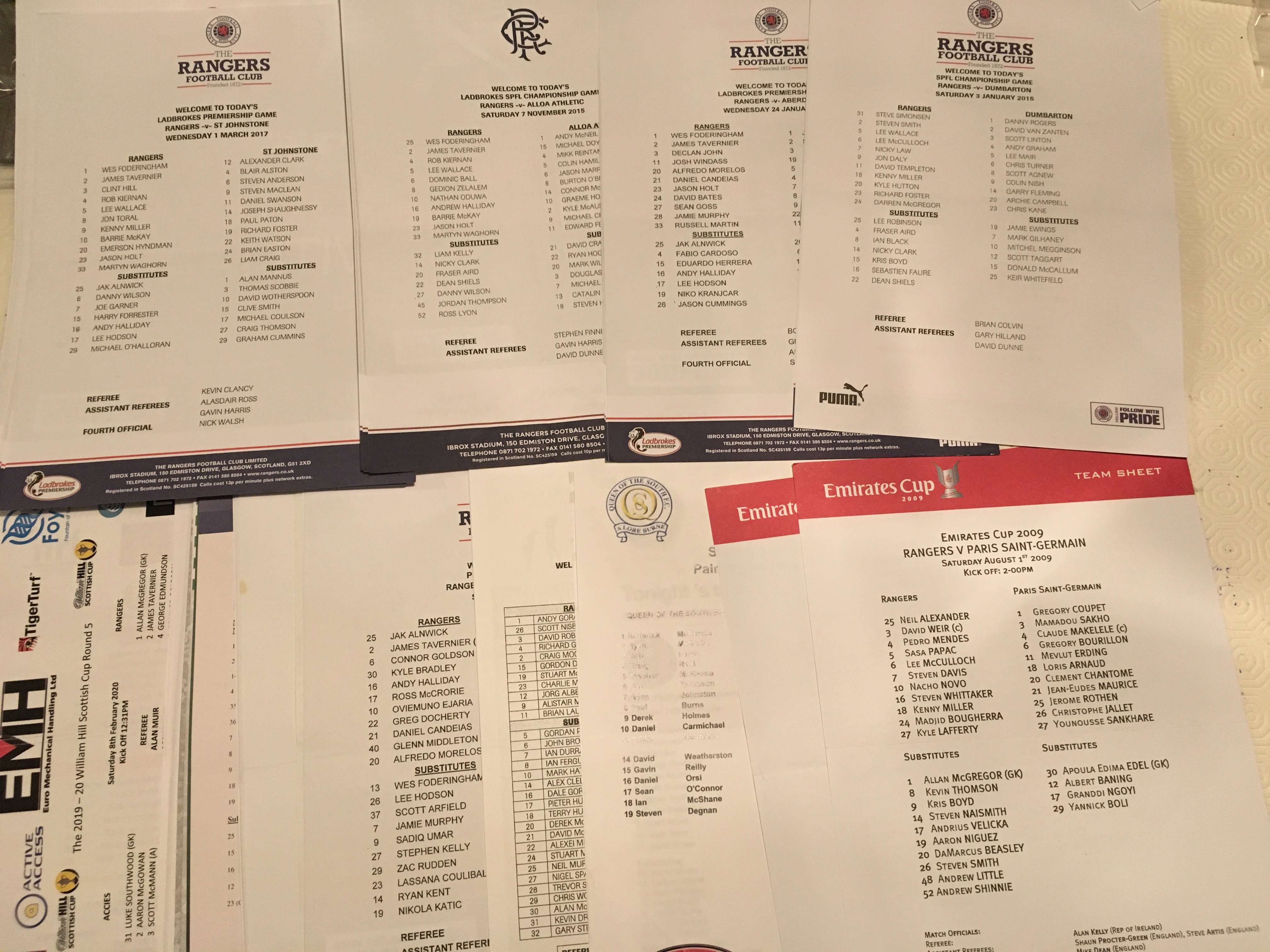 Glasgow Rangers Football Team Sheets: Colour original team sheets with a few away in Europe. From 2001 to 2020 to include Scottish League, Cup, Tournaments and Friendlies. Only a few have team changes. C/W 4 European away tickets. Instructions to sell. (est 150)