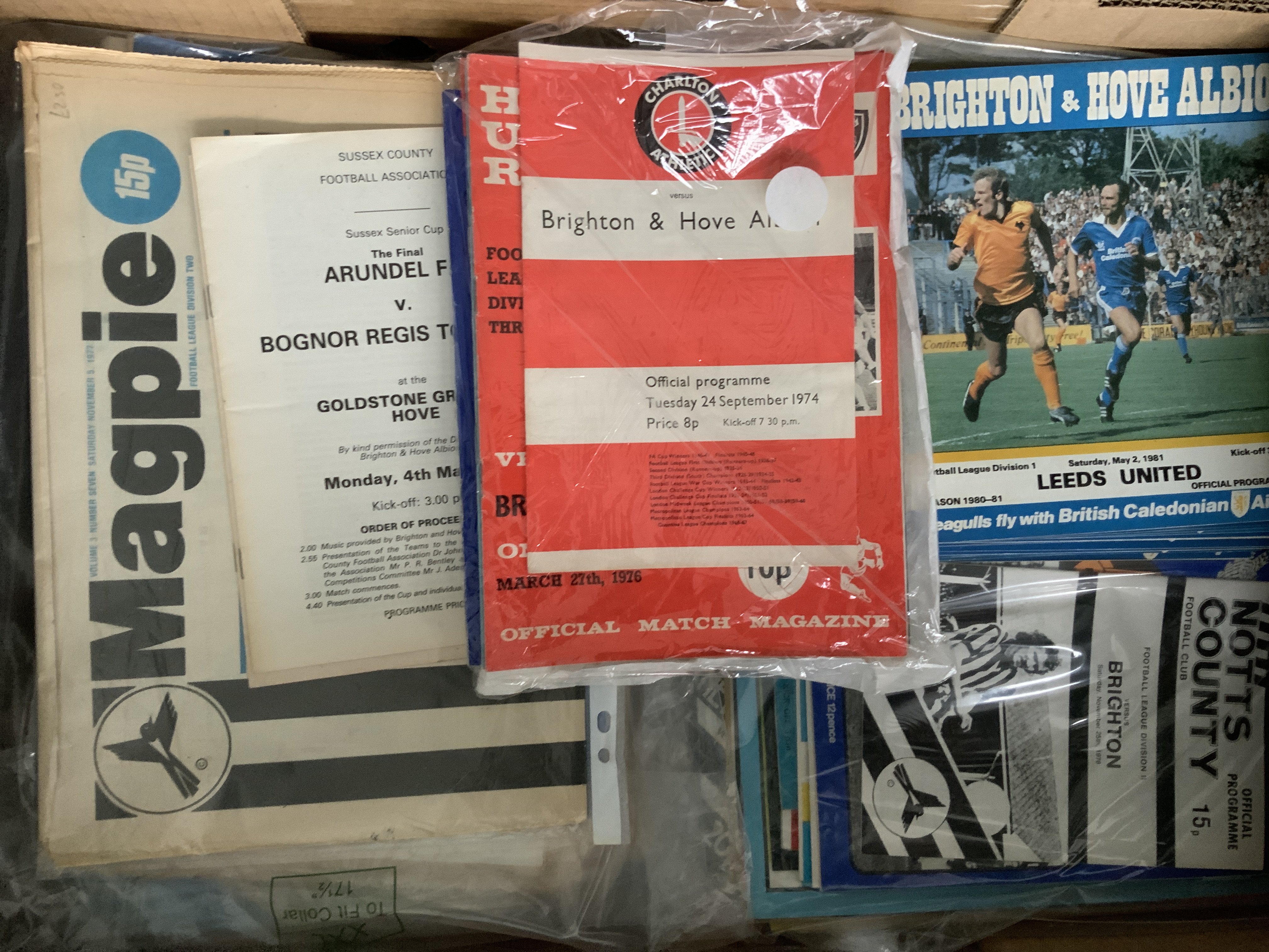 1970s + 1980s Brighton Away Football Programmes: Must be complete seasons amongst these according to vendor. Includes homes from 80/81 and a few newspapers and specials. Good condition. (est 200)