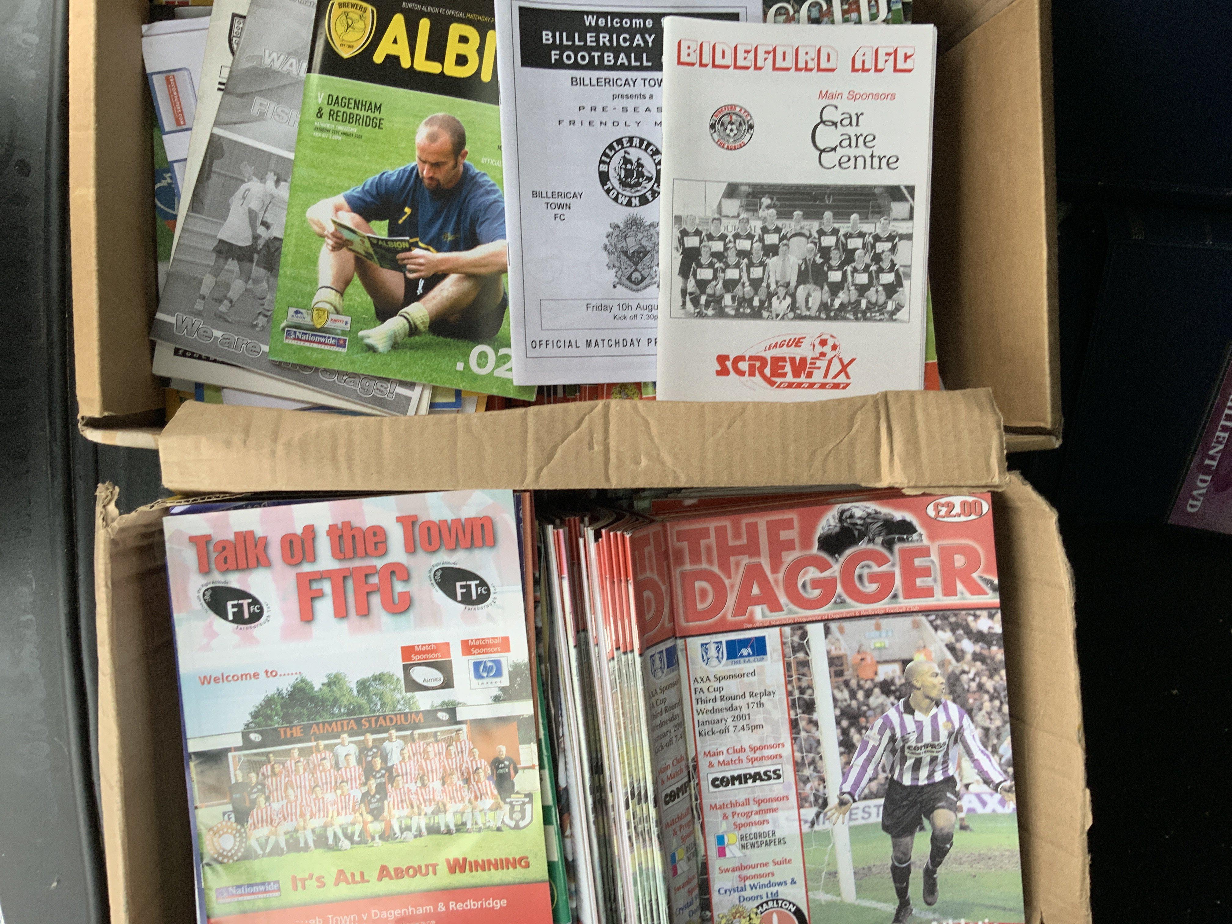 Dagenham + Redbridge Football Programmes: Quantity of home and away programmes in excellent condition with instructions to sell. (2 boxes)