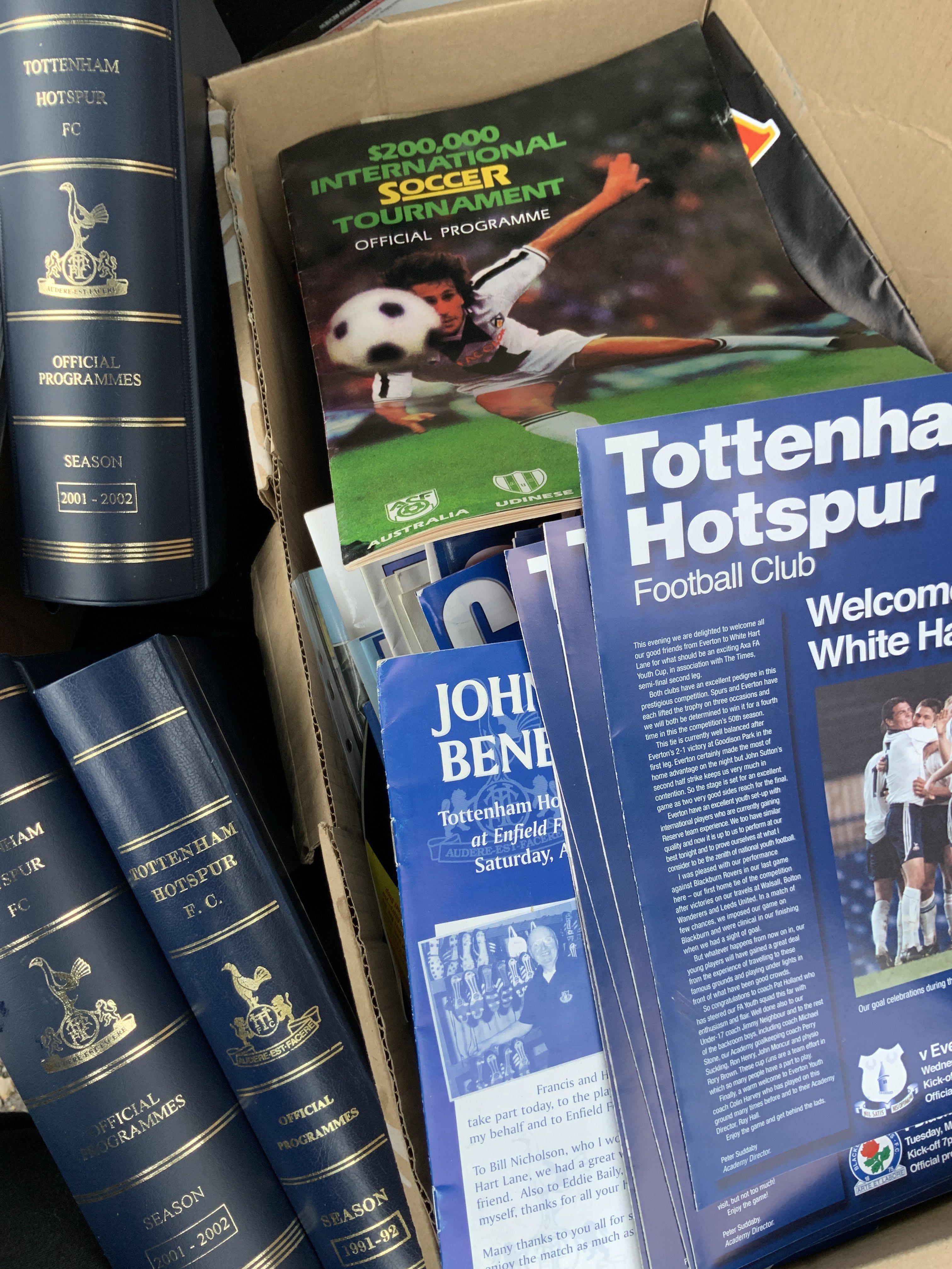 Tottenham Football Programme Boxes: Whilst modern home and aways with the odd youth match programme binder and harder to obtain to include 98/99 Man Utd away plus testimonials and tournaments. Worth a look. Instructions to sell. (2 boxes)