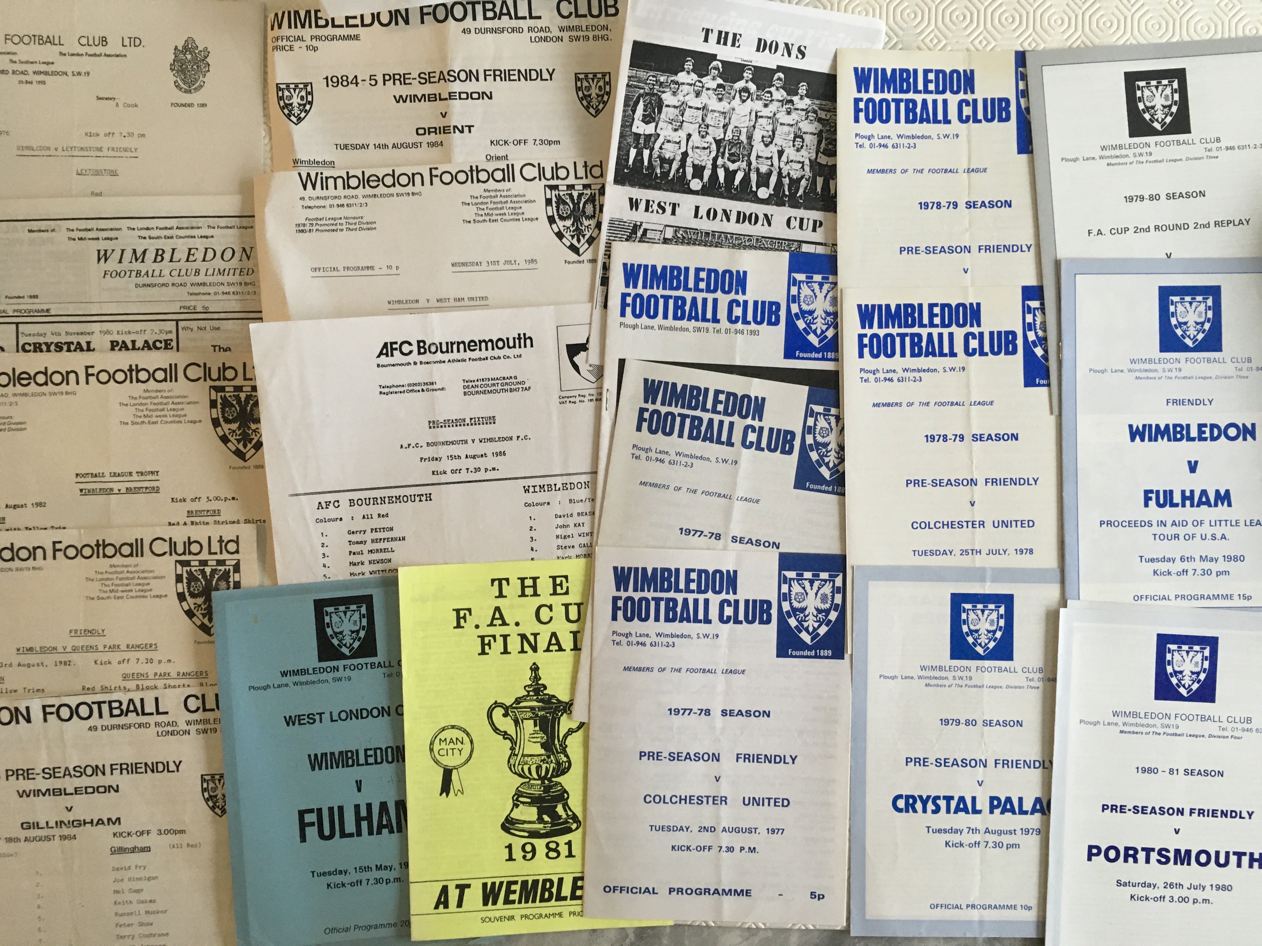 Wimbledon Home Friendly Football Programmes: Nice collection of mainly 70s and 80s friendlies with the odd testimonial and special. Instructions to sell. (39)