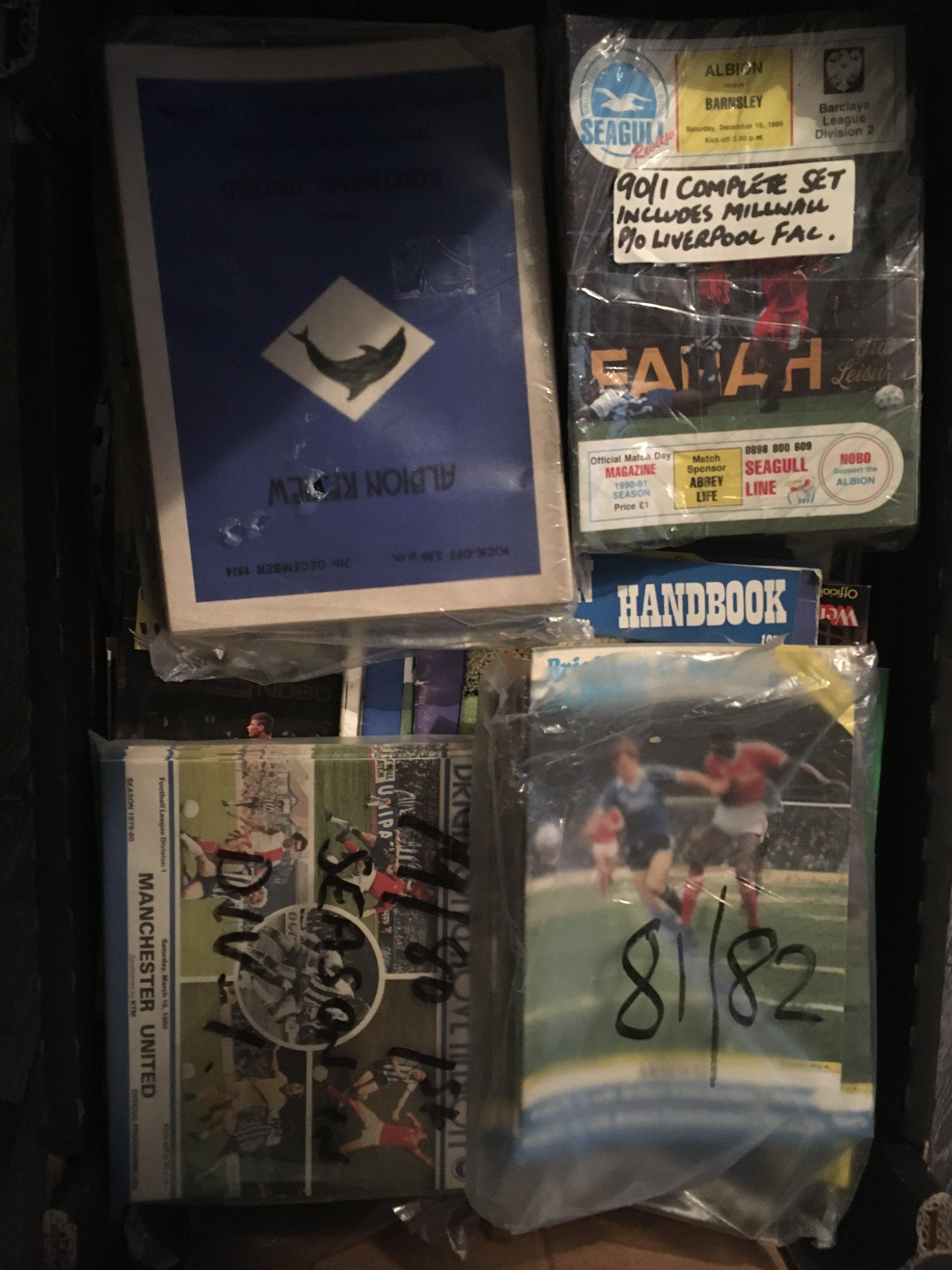 Brighton Home + Away Football Programmes: Homes from the 70s and 80s plus aways from the 90s onwards. Neatly kept in seasons in which some could be complete. There is also a bag of around 70 Friendlies and testimonials plus minor cups. Instructions to sell. (Est 300+)