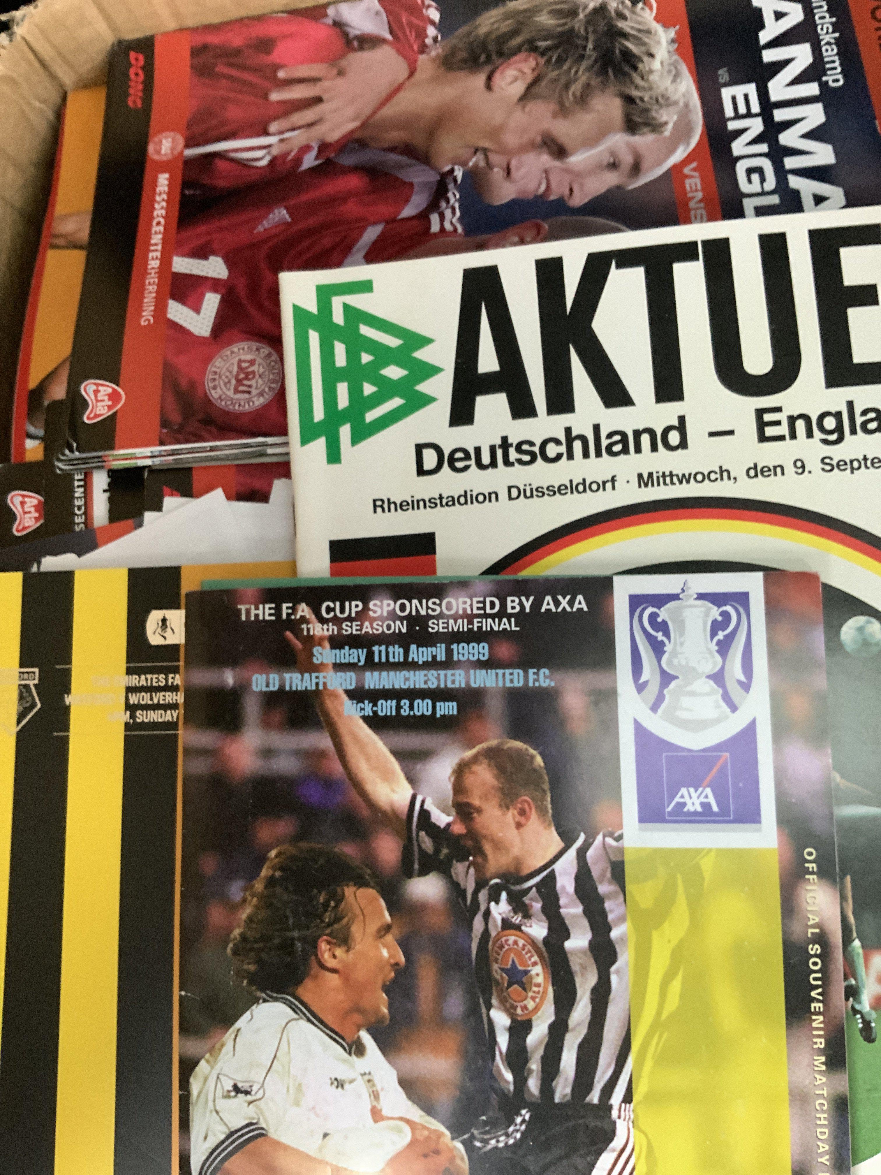 Big Match Football Programmes: Private collection to include England aways and European tournaments where collector has sometimes obtained press sheets etc. Lots of Finals and Semis from different eras. Large quantity in must view heavy box.