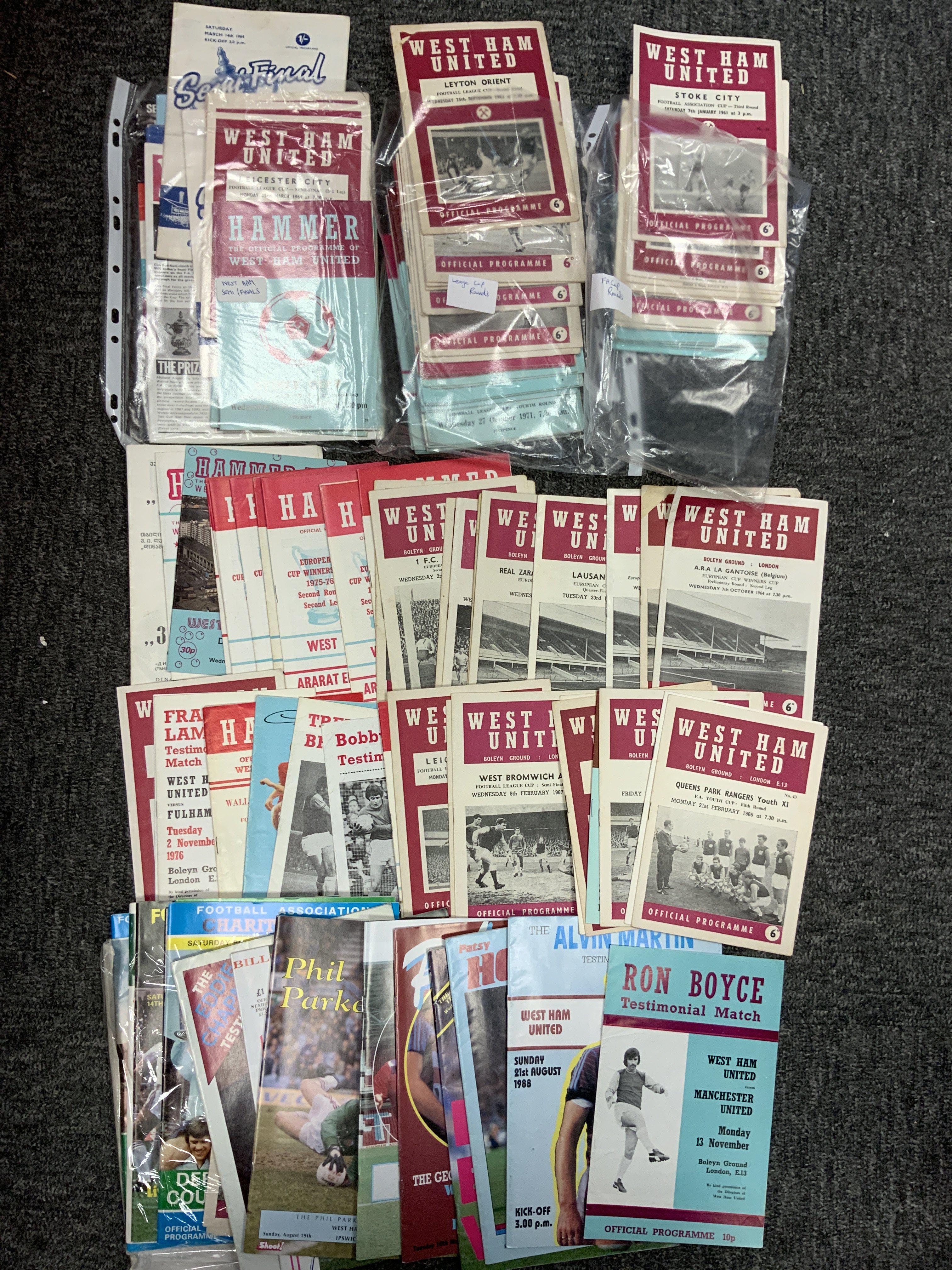 West Ham Home Football Programmes: Collectors attempt at obtaining the cup matches that are missing from lot 216. Quantity of the smaller style FA Cup, League Cup, European and Testimonials. Also includes some away programmes from cup runs to finals plus finals to include 1959 Youth Cup 1976 ECWC and 1966 League Cup.