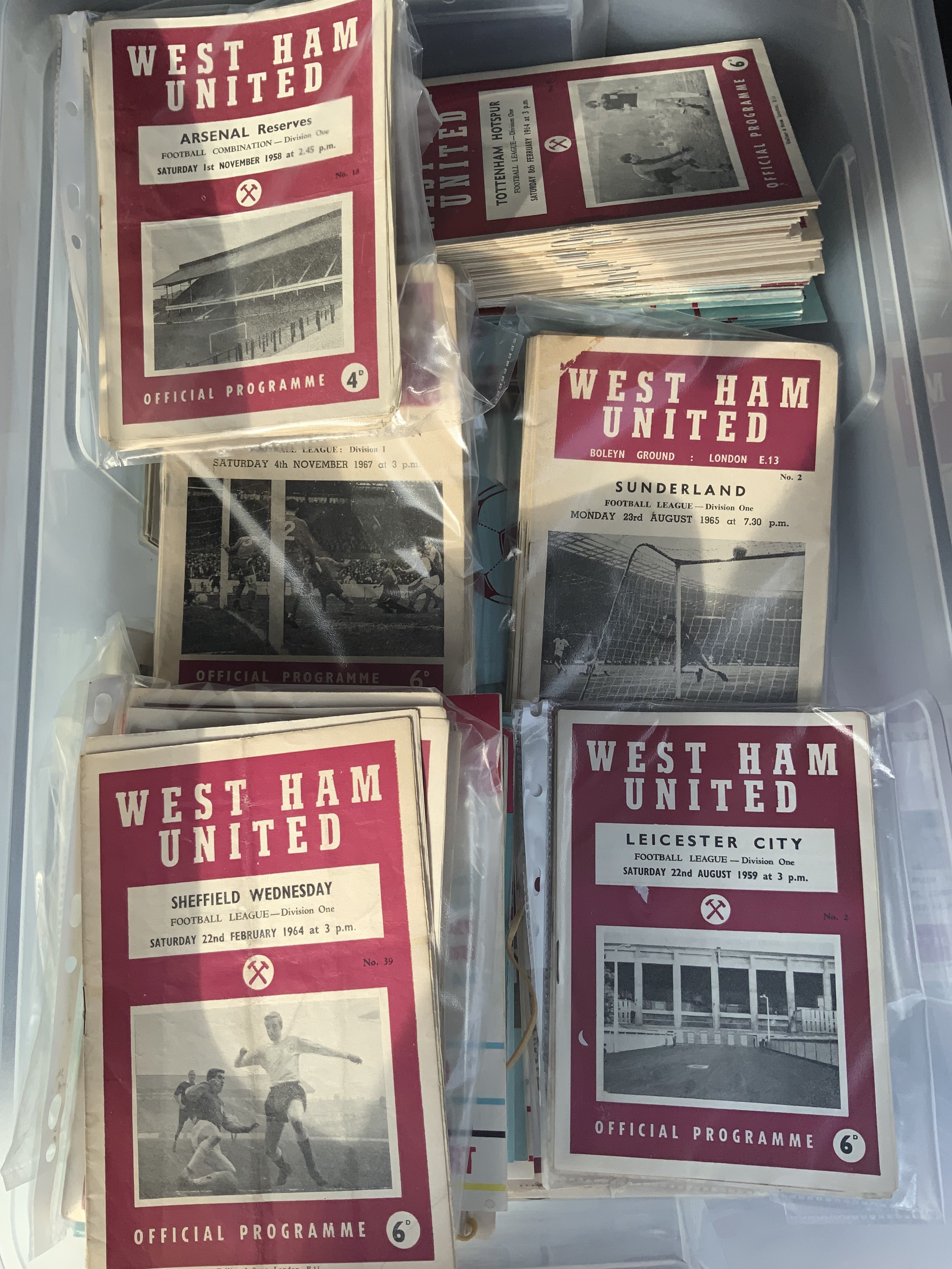 West Ham Home Football Programmes: Large box contains mainly a quantity of the small Hammer style programmes with many being 1960s. Mainly good.