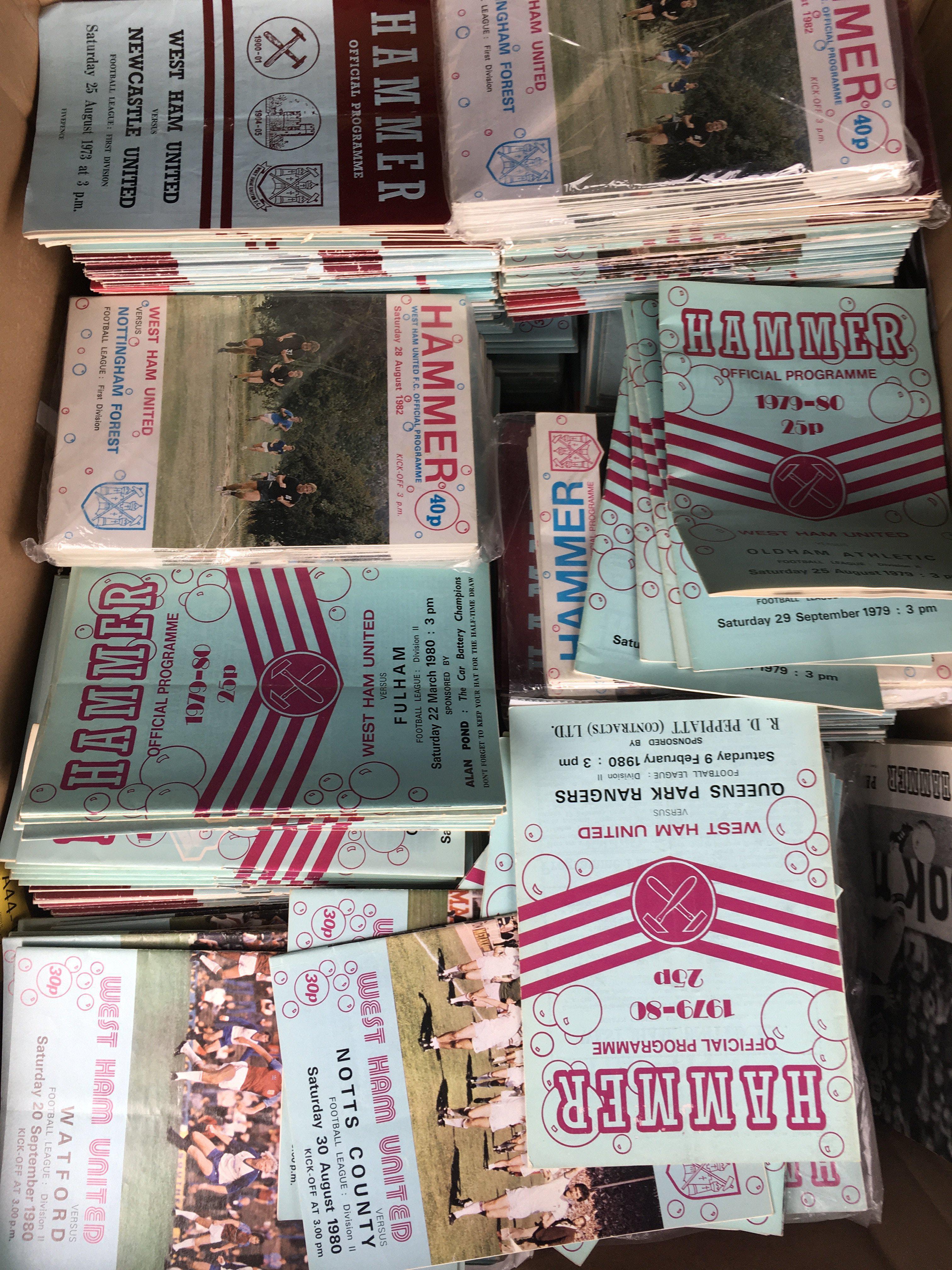 West Ham Football Programmes: Quantity of the small style Hammer programmes from the 70s and 80s in seasons with many complete. C/W a box of aways and a box of more modern homes. Good condition. (700+)