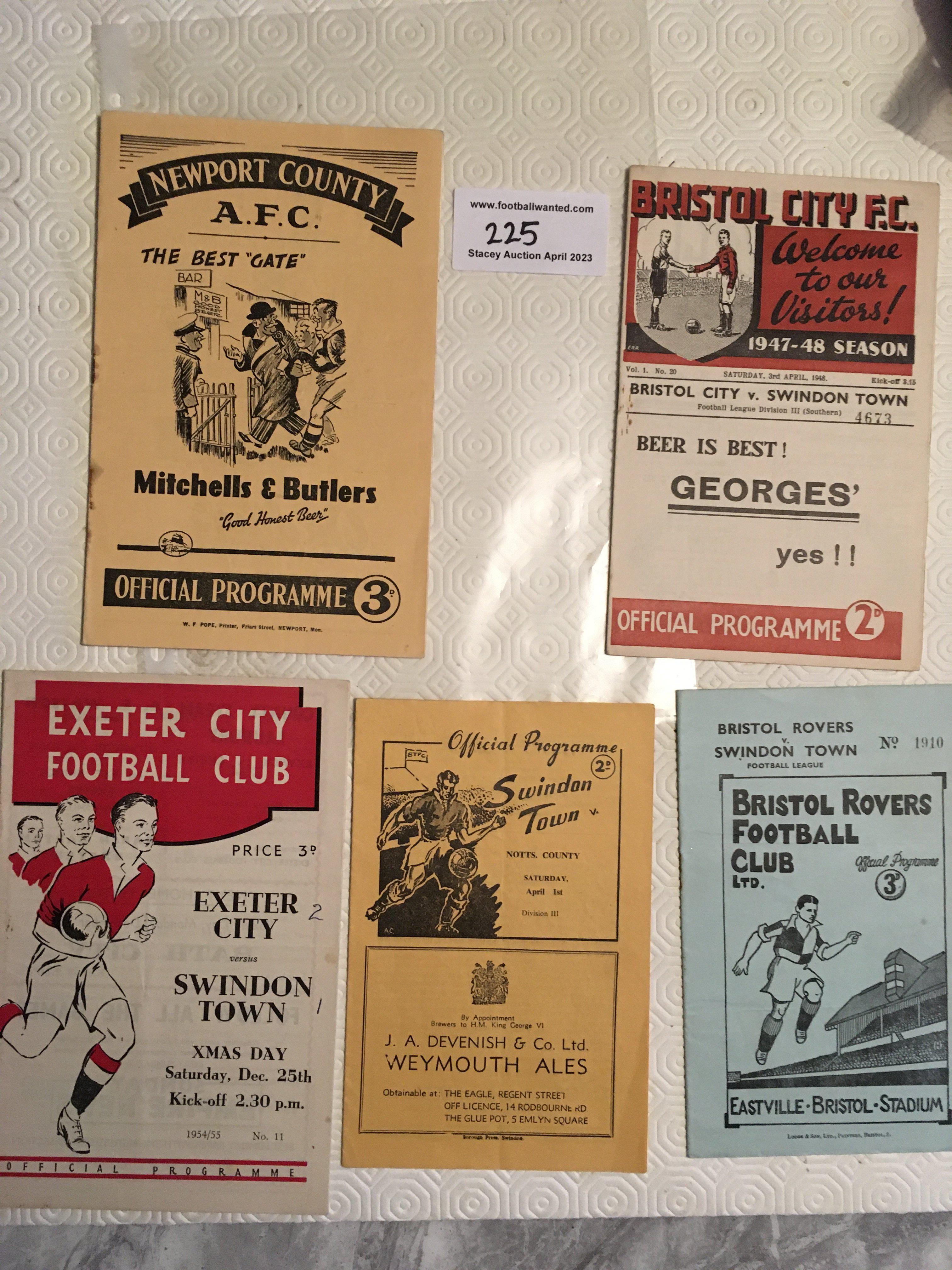 Swindon Town Away Football Programmes: Home v 49/50 Notts County and away to 47/48 Bristol City, 49/50 Bristol Rovers, 50/51 Newport + 54/55 Exeter with score to front. Good/very good unless stated. (5)