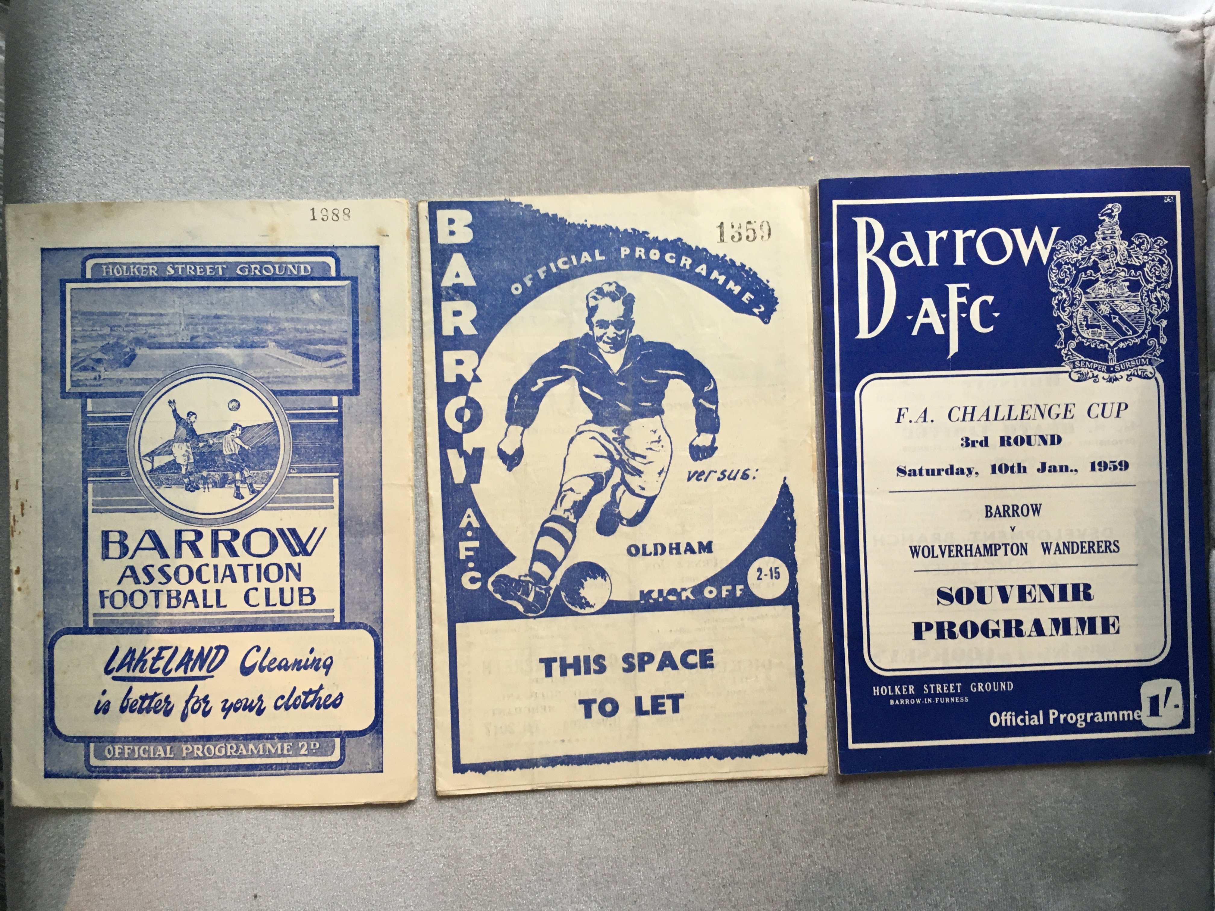 Barrow Home Football Programmes: 49/50 Oldham, 52/53 Scunthorpe + 58/59 Wolves FA Cup. Very good. (3)
