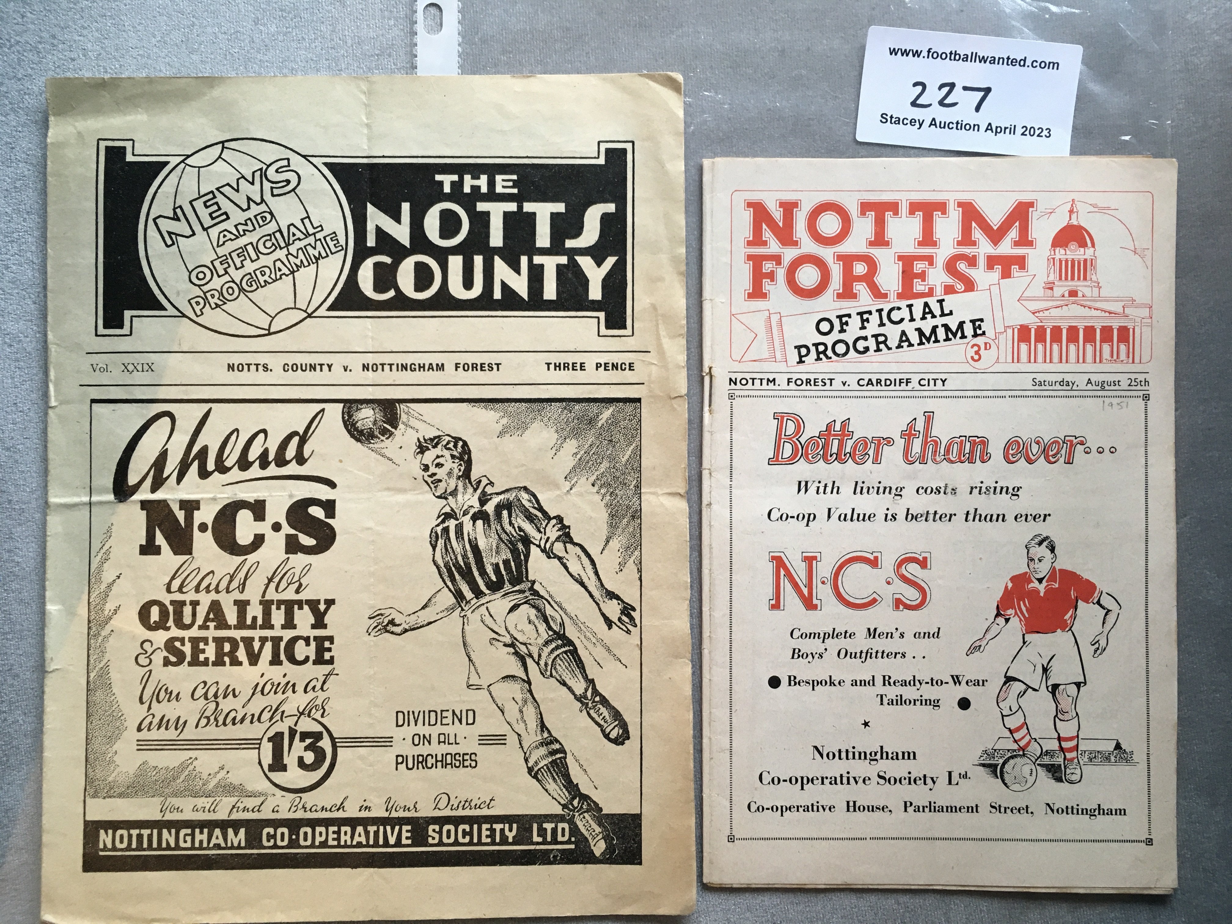 Nottingham Forest Football Programmes: Home v 51/52 Cardiff good and away v 49/50 Notts County fair. (2)