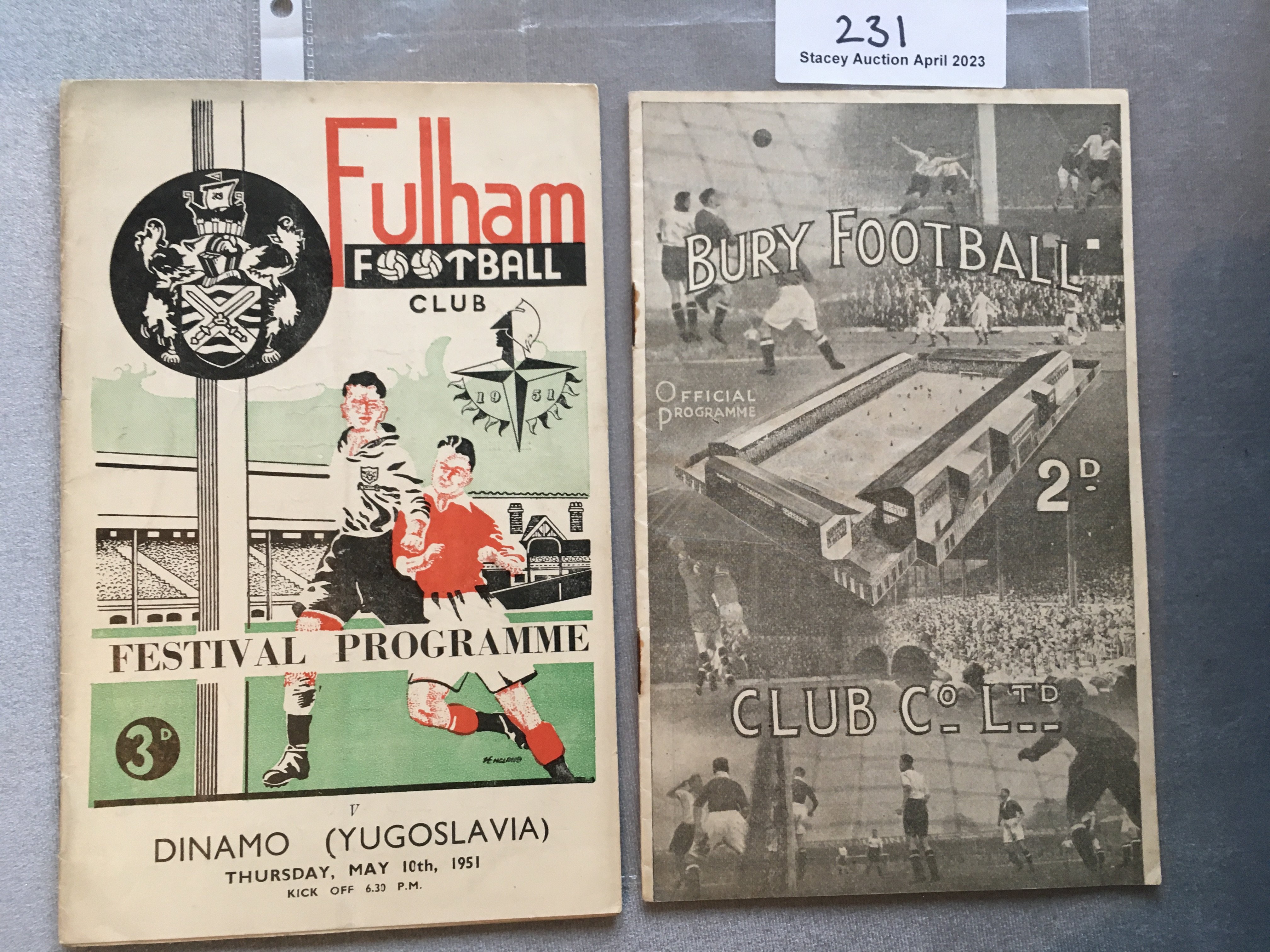 Fulham Football Programmes: Home Festival of Britain 50/51 v Dinamo and away 46/47 v Bury. Very good. (2)