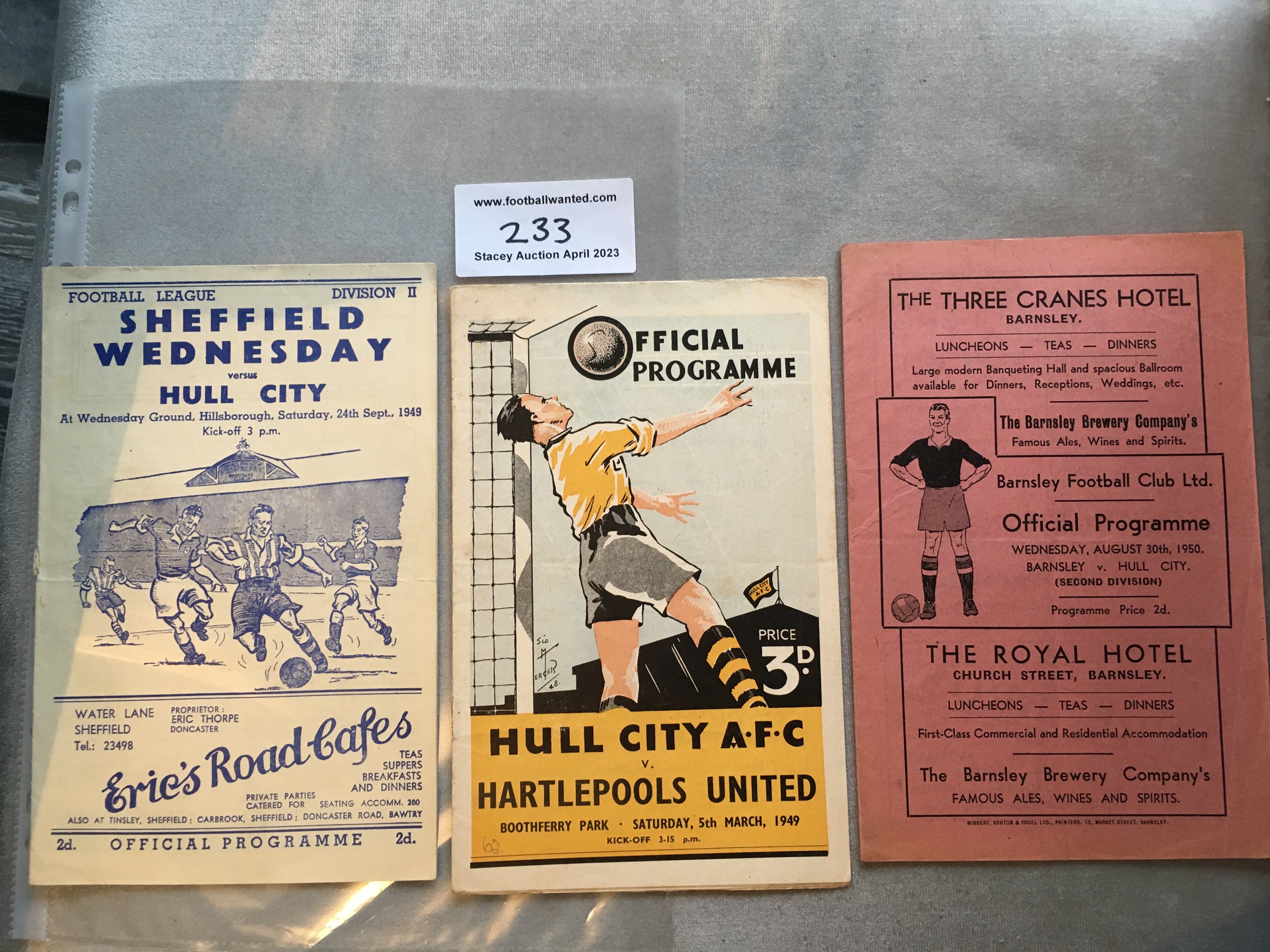 Hull City Football Programmes: 48/49 home v Hartlepool and away 49/50 Sheffield Wednesday + 50/51 Barnsley. Good. (3)