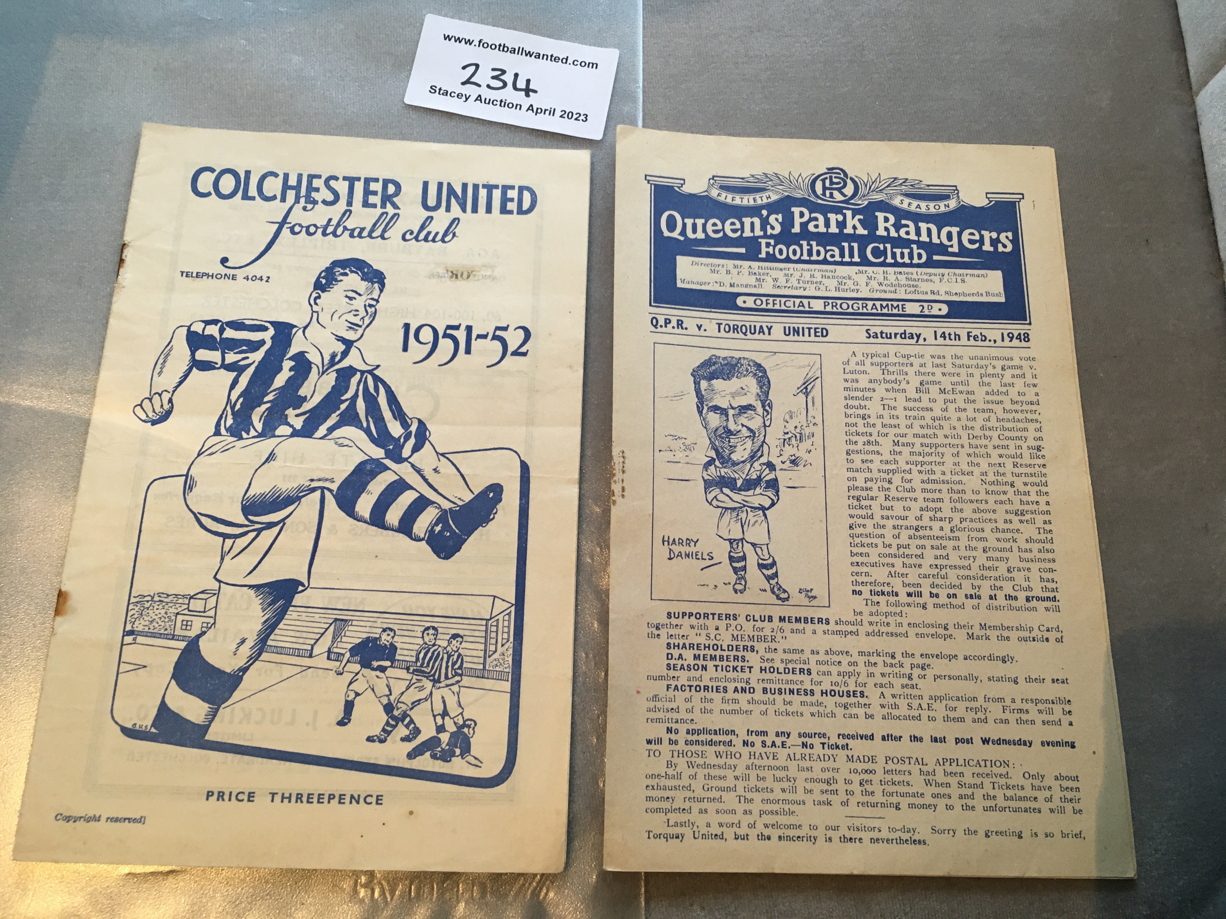 Torquay United Away Football Programmes: 47/48 QPR and 51/52 Colchester (rusty staples) Overall good. (2)