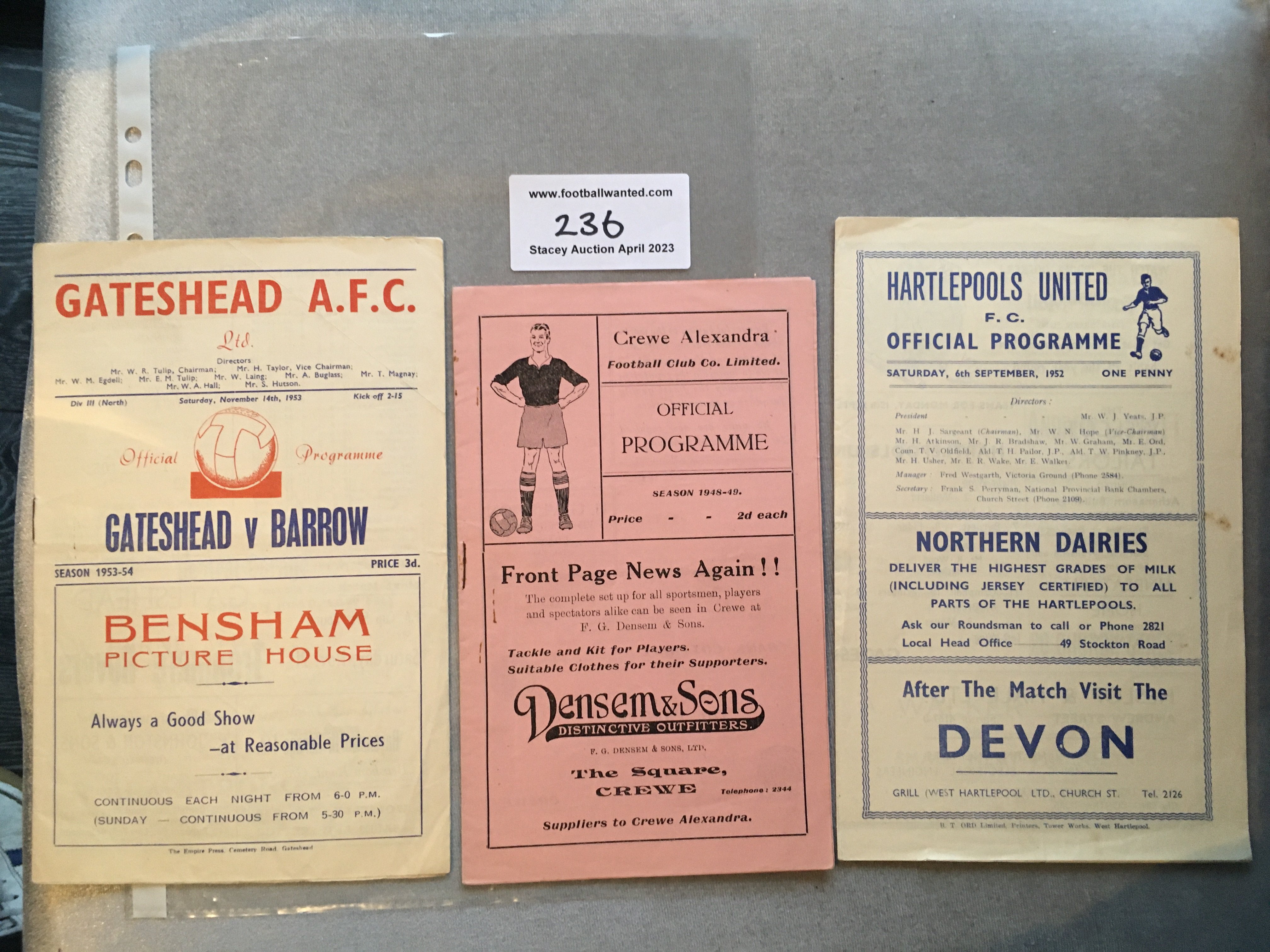 Gateshead Football Programmes: Away 48/49 Crewe, 52/53 Hartlepool and home v 53/54 Barrow. Very good. (3)