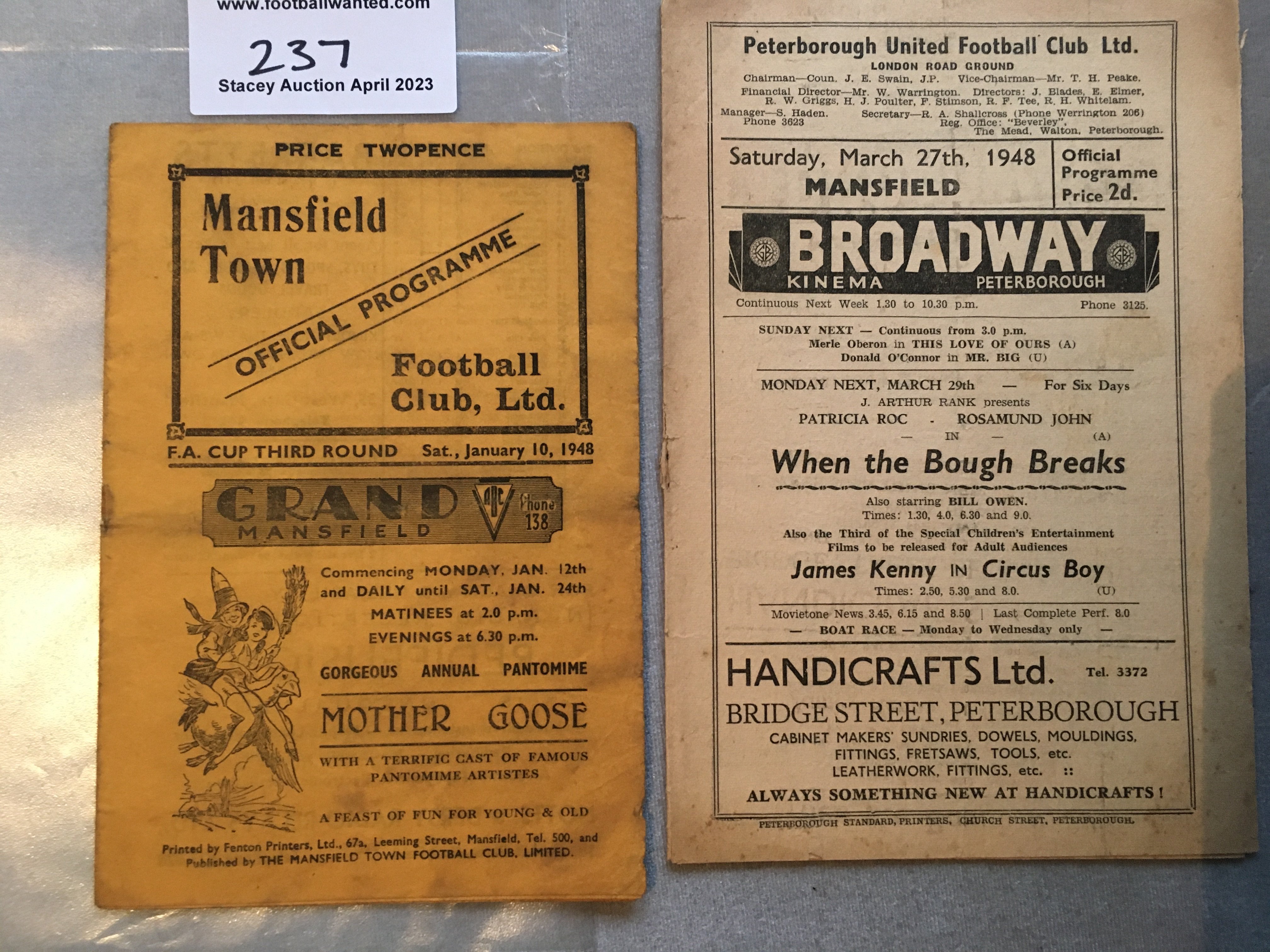 47/48 Mansfield Town Football Programmes: Home FA Cup v Stoke and a Midland League away match at Peterborough. Fair/good. (2)