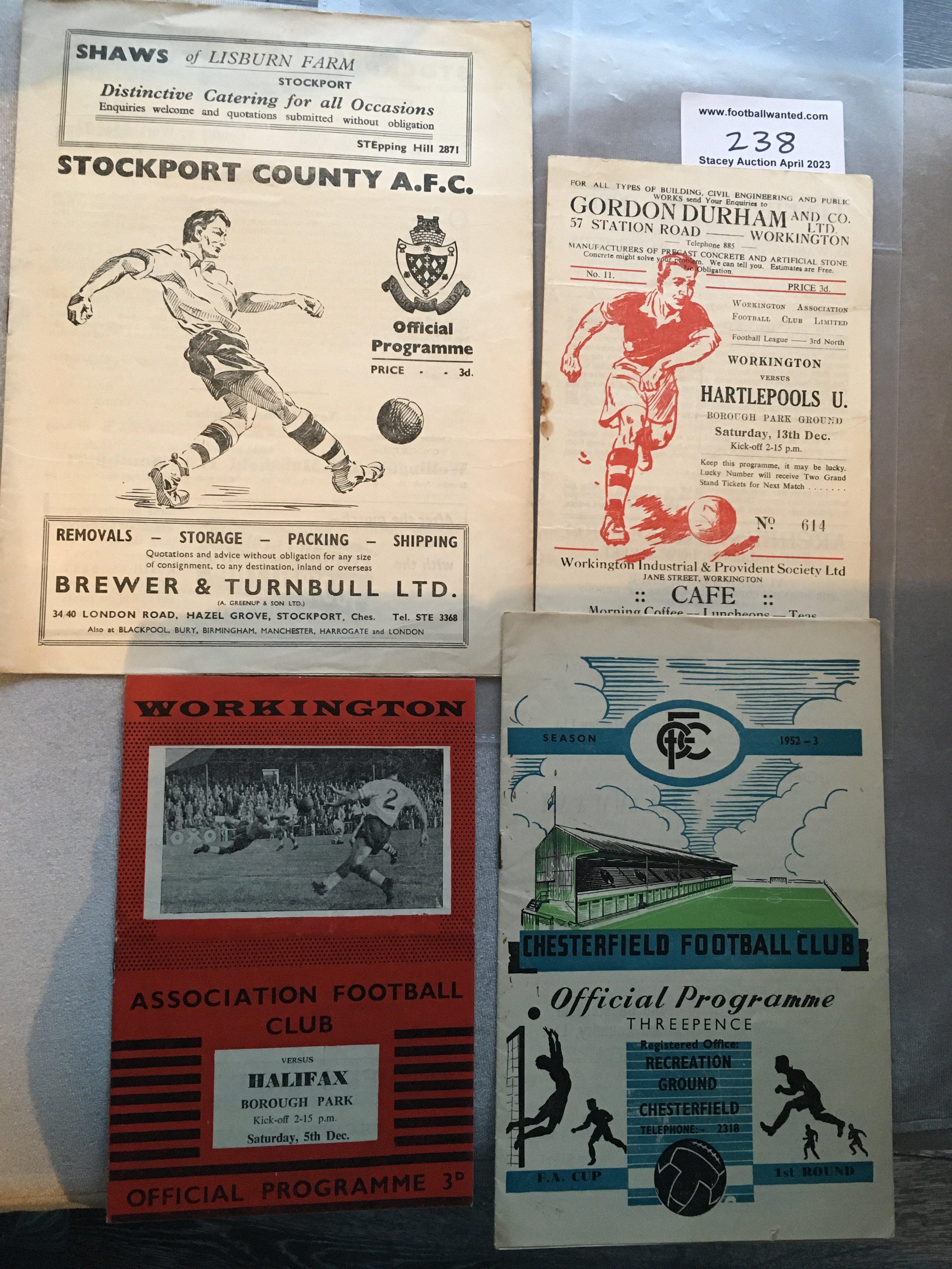 Workington Football Programmes: Aways at 52/53 Chesterfield, 54/55 Stockport and a couple of early 50s homes. Good. (4)