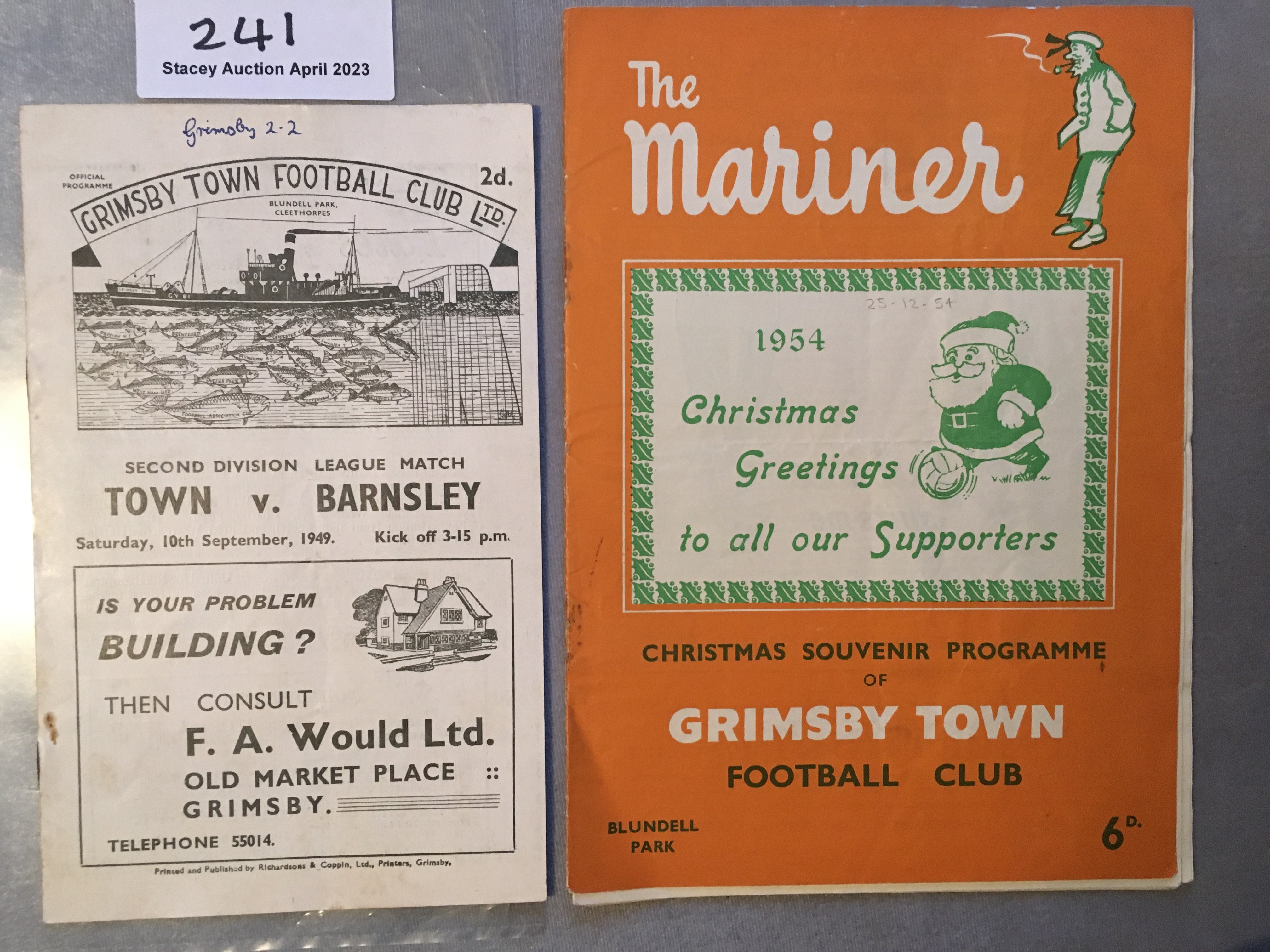 Grimsby Town v Barnsley Football Programmes: Home v 49/50 Barnsley score to cover + 54/55 staples rusted away. (2)