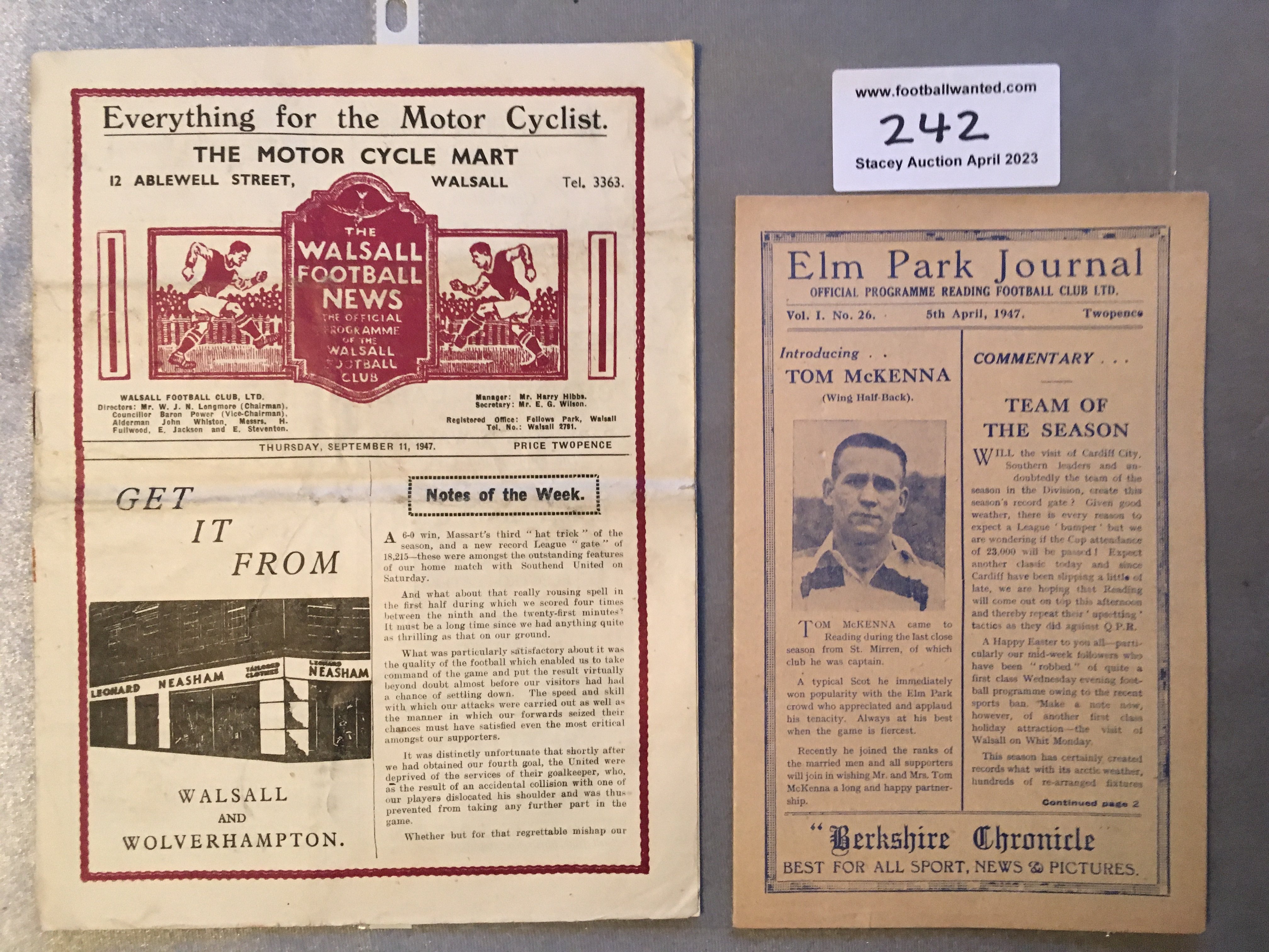 1940s Reading Football Programmes: 46/47 home v Cardiff and a hard to obtain away v 47/48 Walsall. Good. (2)
