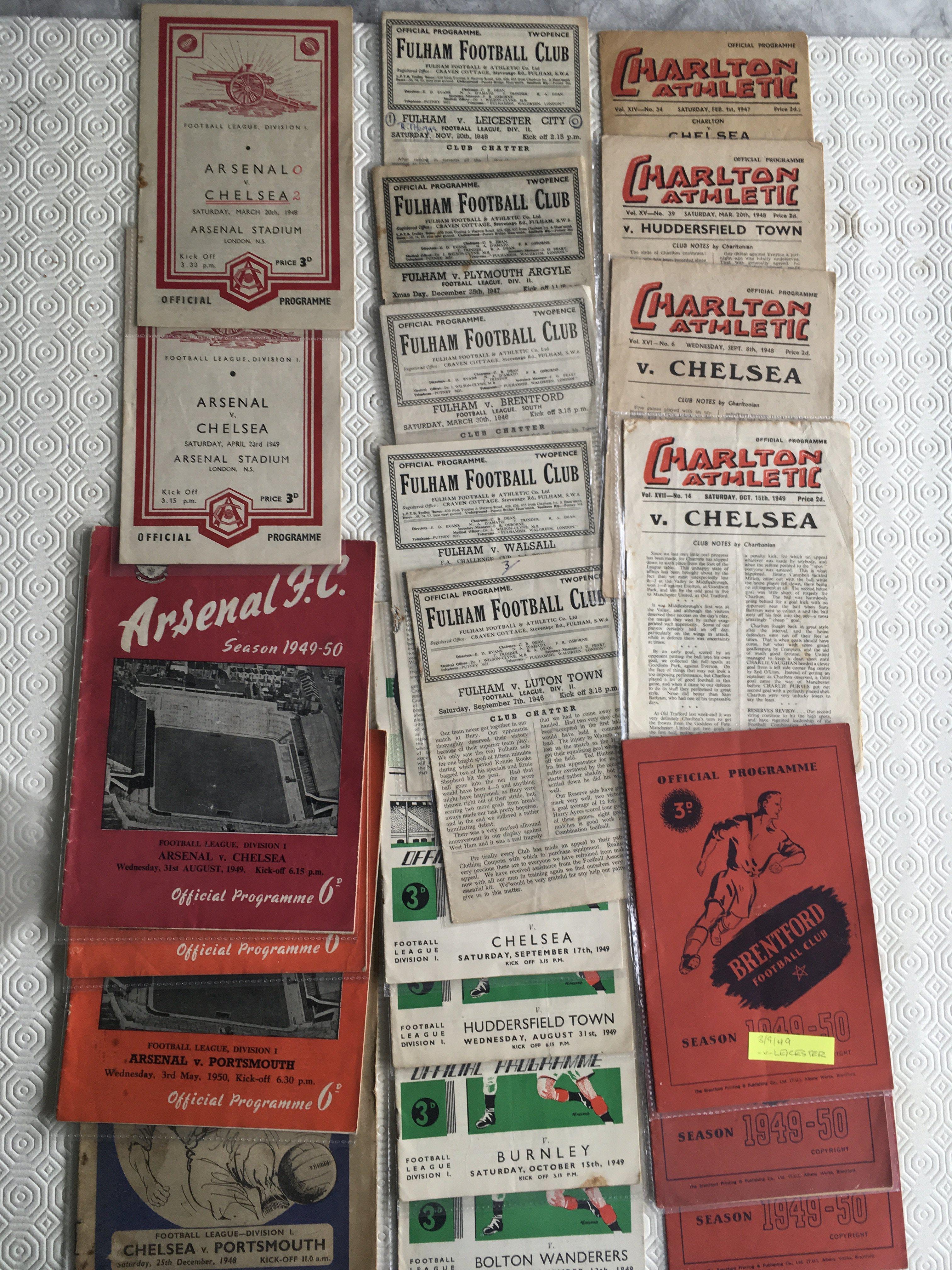 London Club 1940s Home Football Programmes: Charlton Fulham Arsenal and Brentford programmes in overall fair condition from post war up to 49/50. (22)
