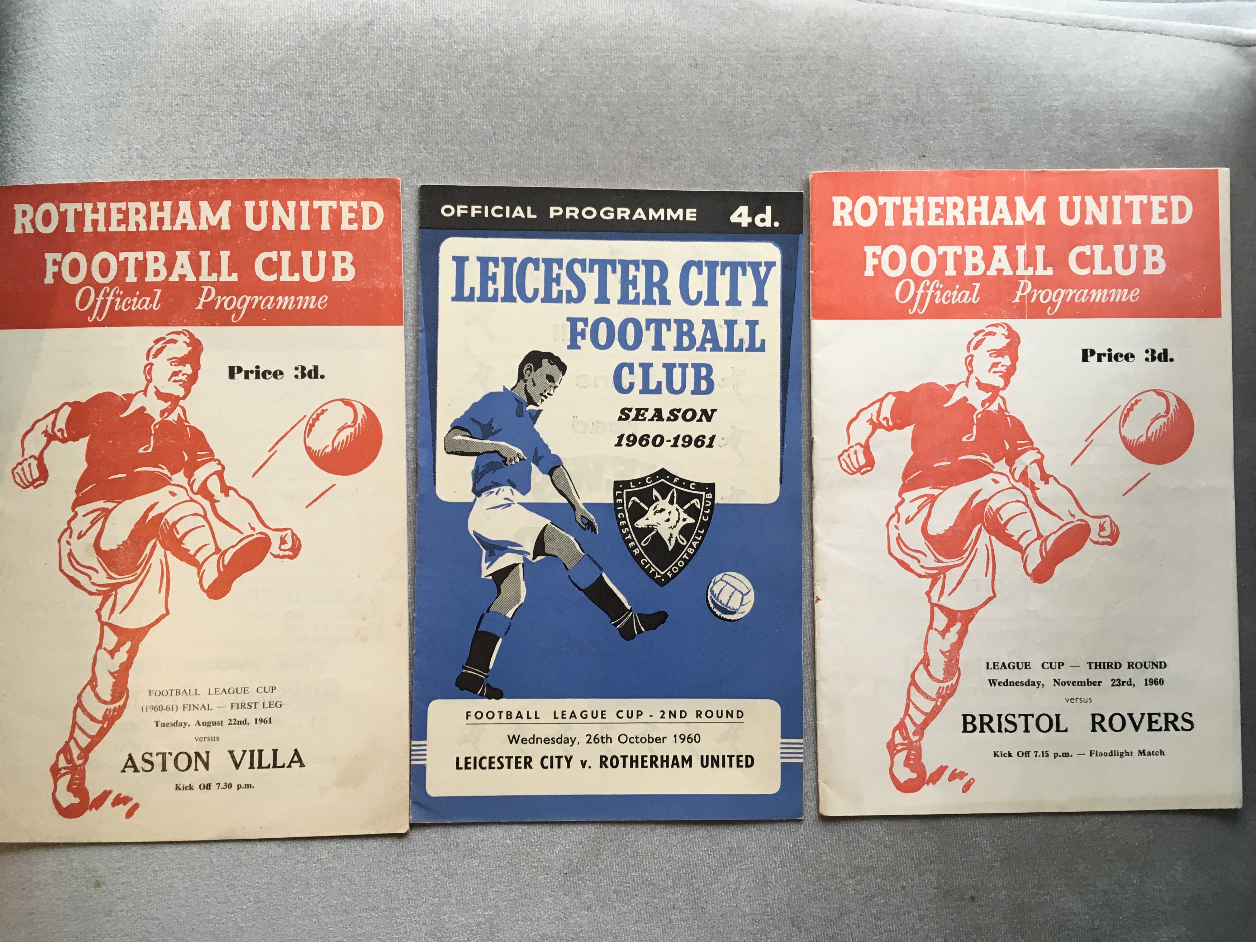 60/61 Rotherham League Cup Football Programmes: In the league cups first season Rotherham got to the final. This lot has the final the home match to Bristol Rovers and the away match at Leicester. Excellent with no team changes. (3)