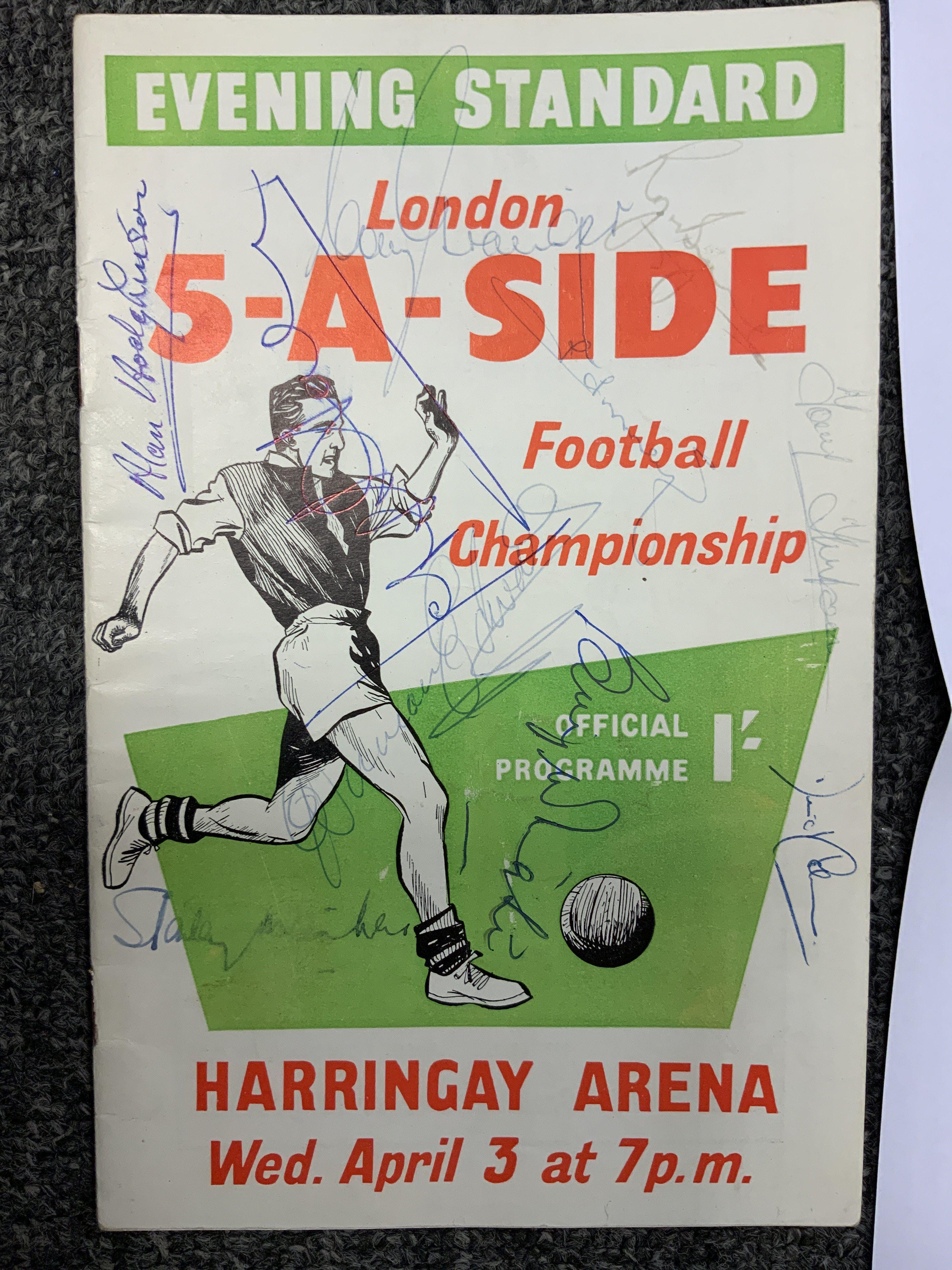 1957 Signed England Football Team: The team that played Scotland on 6 April attended the London 5-A-Side 3 days earlier at Harringay. The front of the Evening Standard competition programme is signed by Duncan Edwards, Stanley Matthews, Alan Hodgkinson, Billy Wright, Derek Kevan, Tom Finney, Roger Byrne, Colin Grainger, David Coleman and a few others. C/W programme + ticket for England v Scotland match and separate signature map.