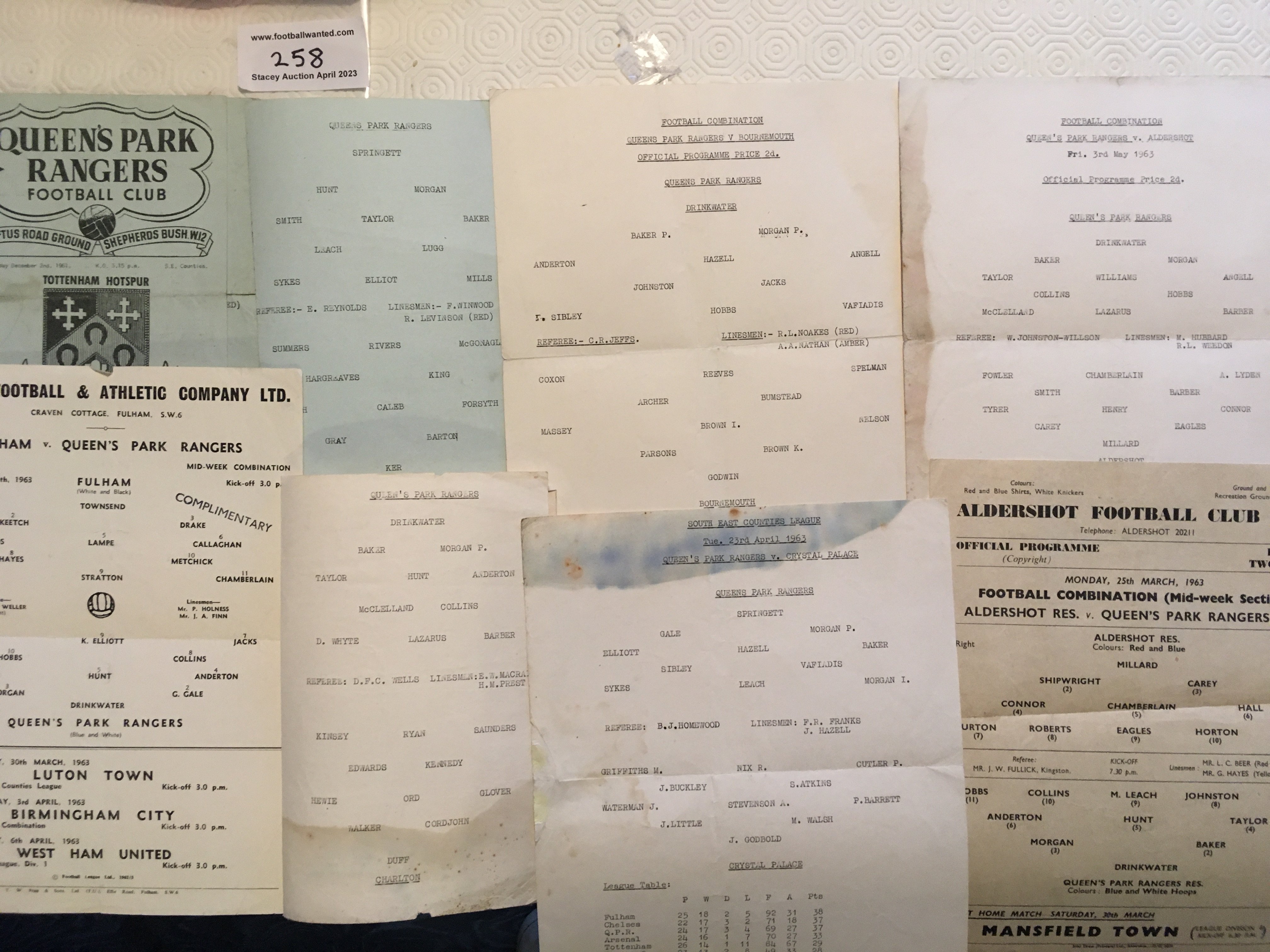 QPR 62/63 Single Sheet Football Programmes: Some hard to obtain programmes in mixed conditions. Includes Combination and South East Counties matches. Away at Brighton Aldershot and Fulham, Homes v Watford Luton Charlton Portsmouth Tottenham and Aldershot. (10)