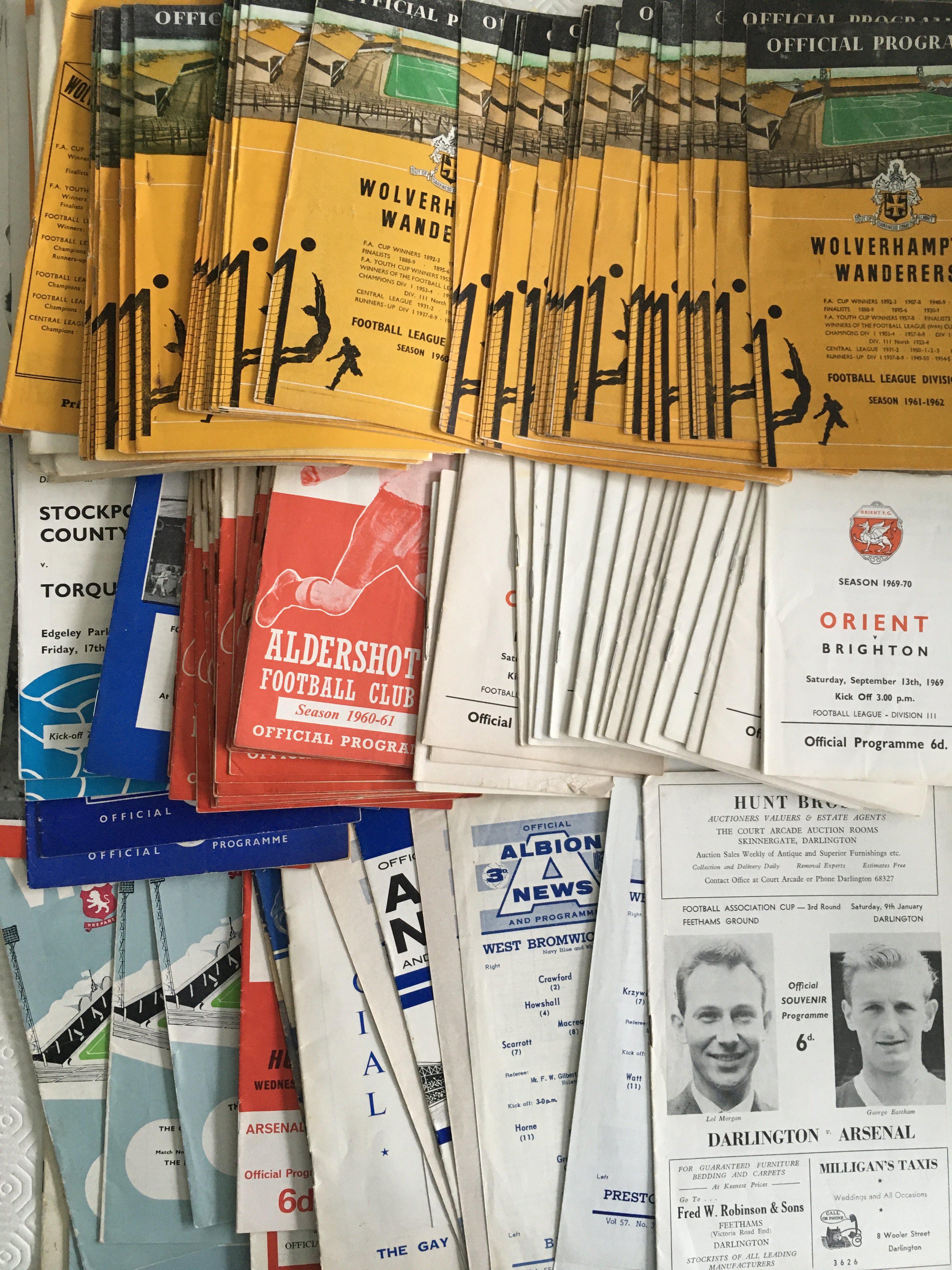 Football Programme Box: Around 40 from the 50s including 54/55 Port Vale v West Ham and around 120 60s including over 50 Wolves which are mainly early 60s. Includes Orient Aldershot and reserves. Majority good. (est 160)