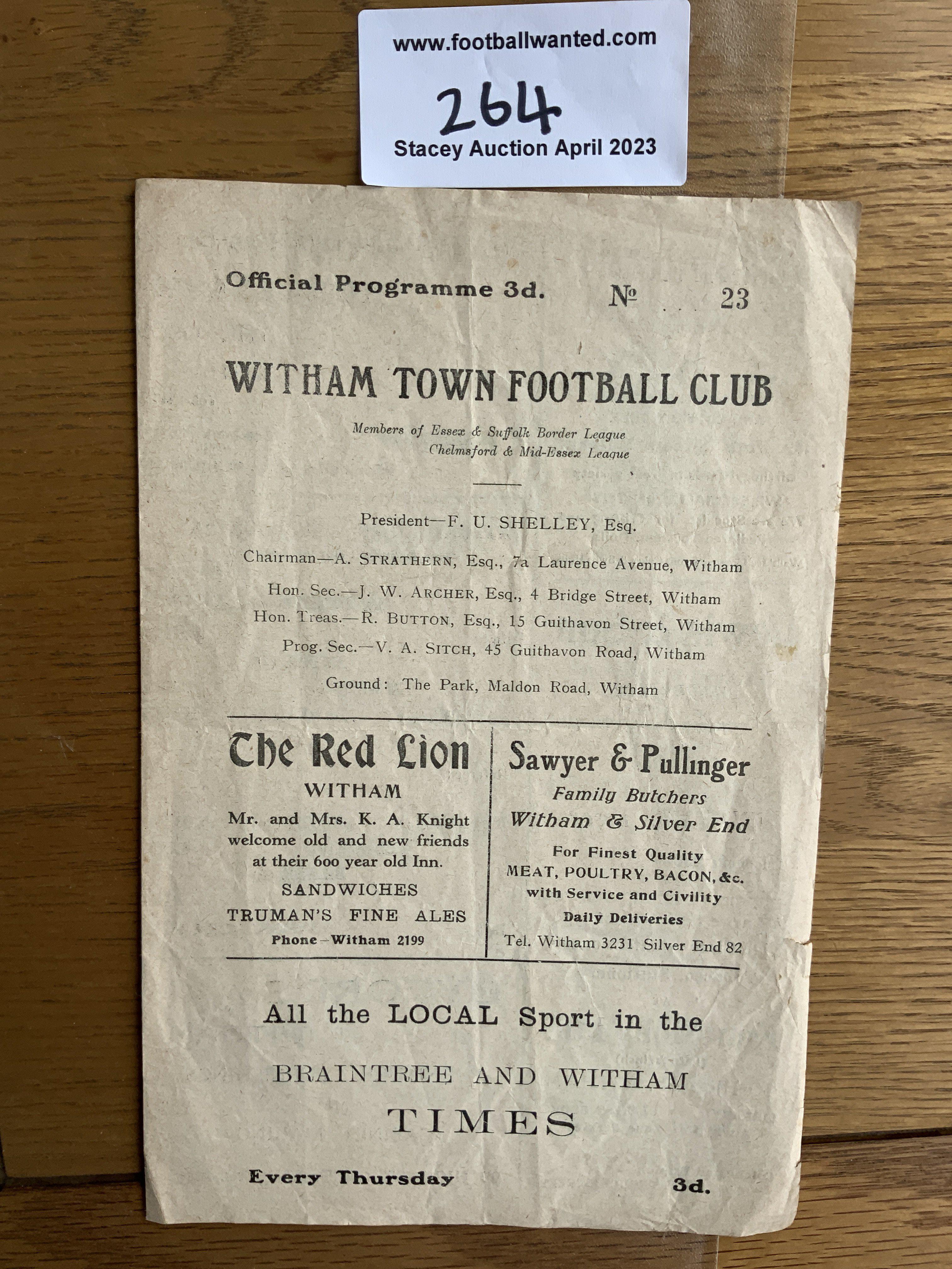 60/61 Witham Town v Ipswich Town A Football Programme: Very hard to obtain Essex + Suffolk Border League in good condition. Creasing and folding.