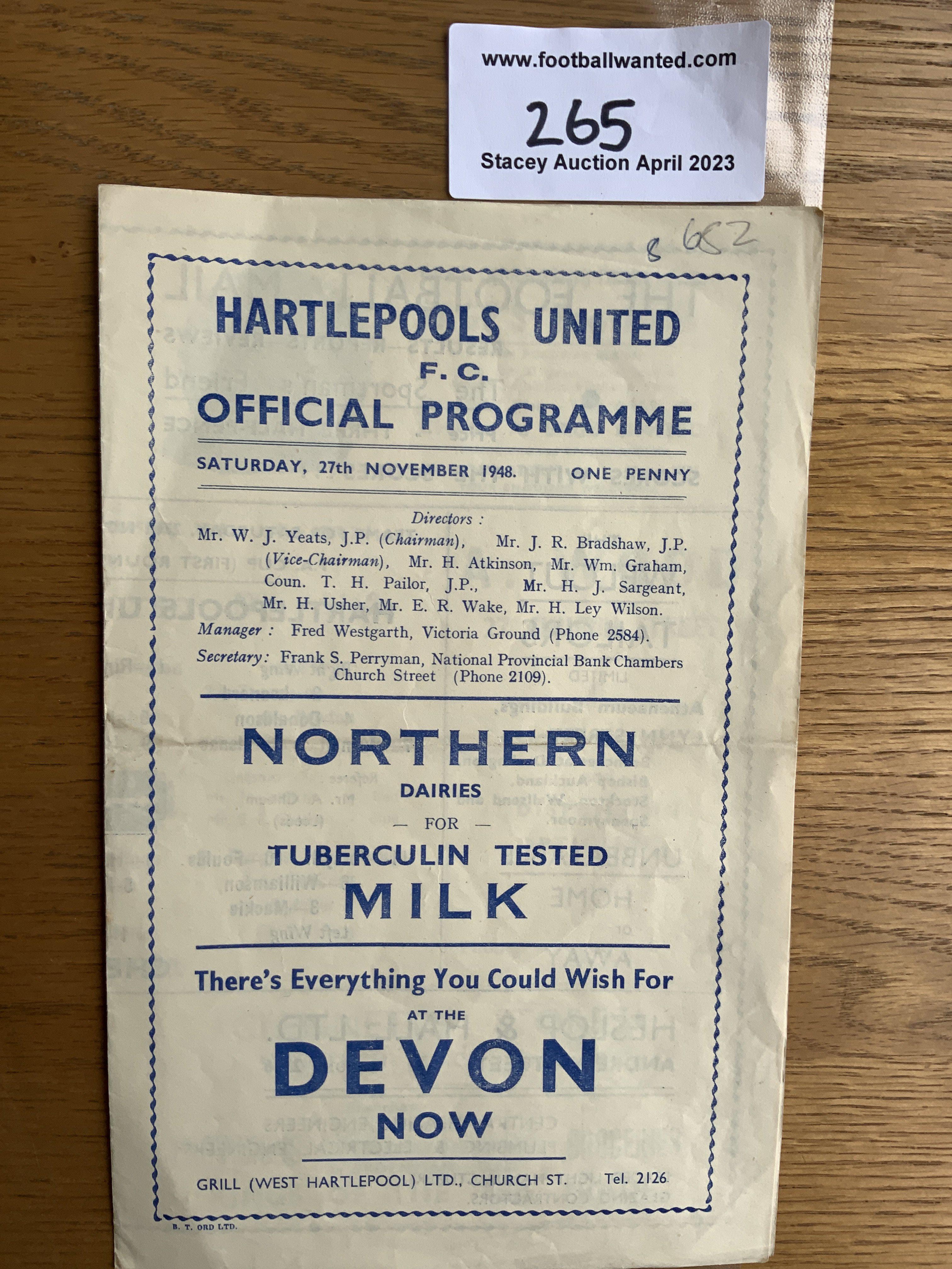 48/49 Hartlepool United v Chester FA Cup Football Programme: Good condition with no team changes. Number written to border.