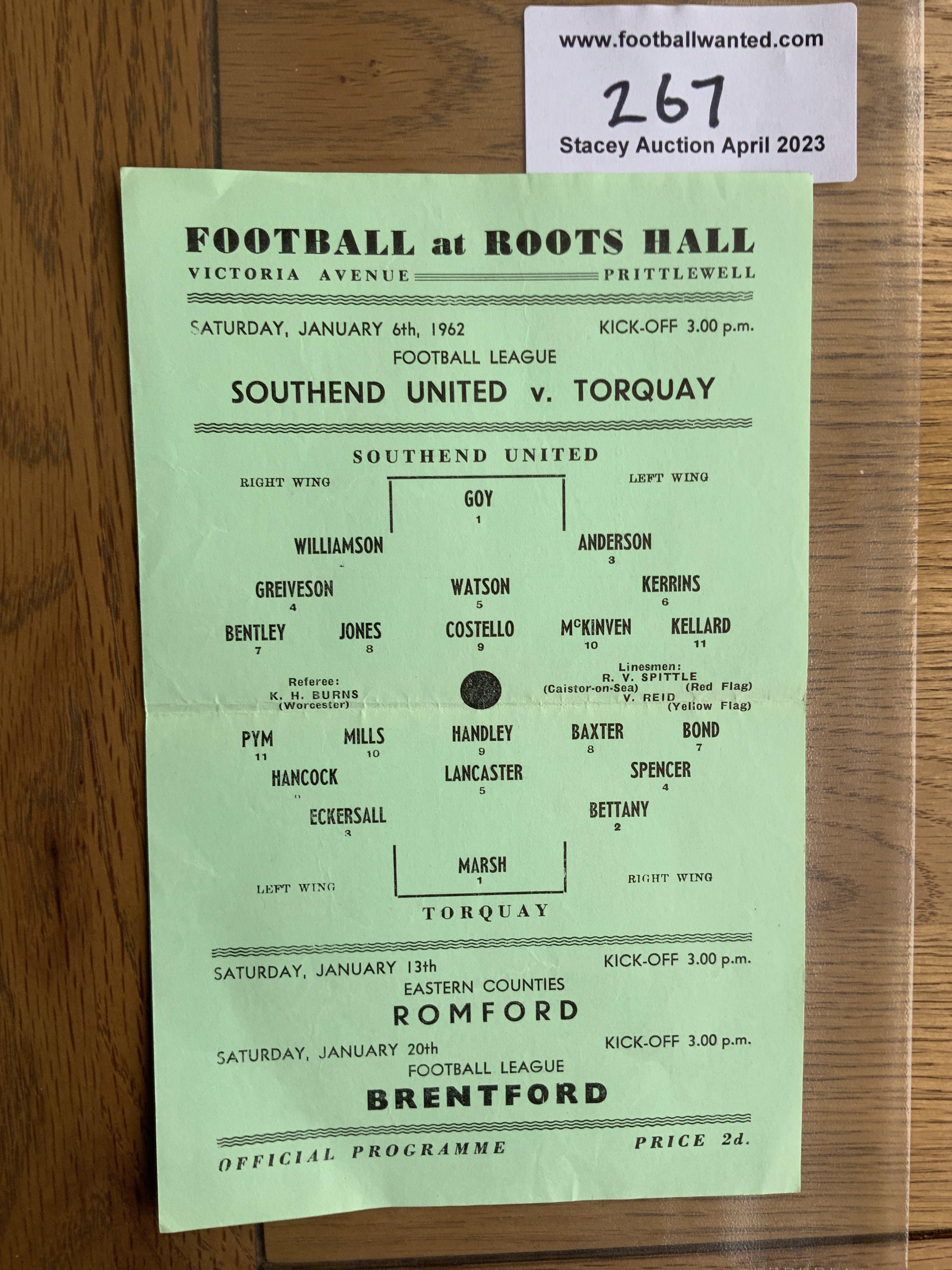 61/62 Southend United v Torquay Utd Football Programme: Very good condition hard to obtain single sheet with no team changes. Folding and couple of numbers written to rear.