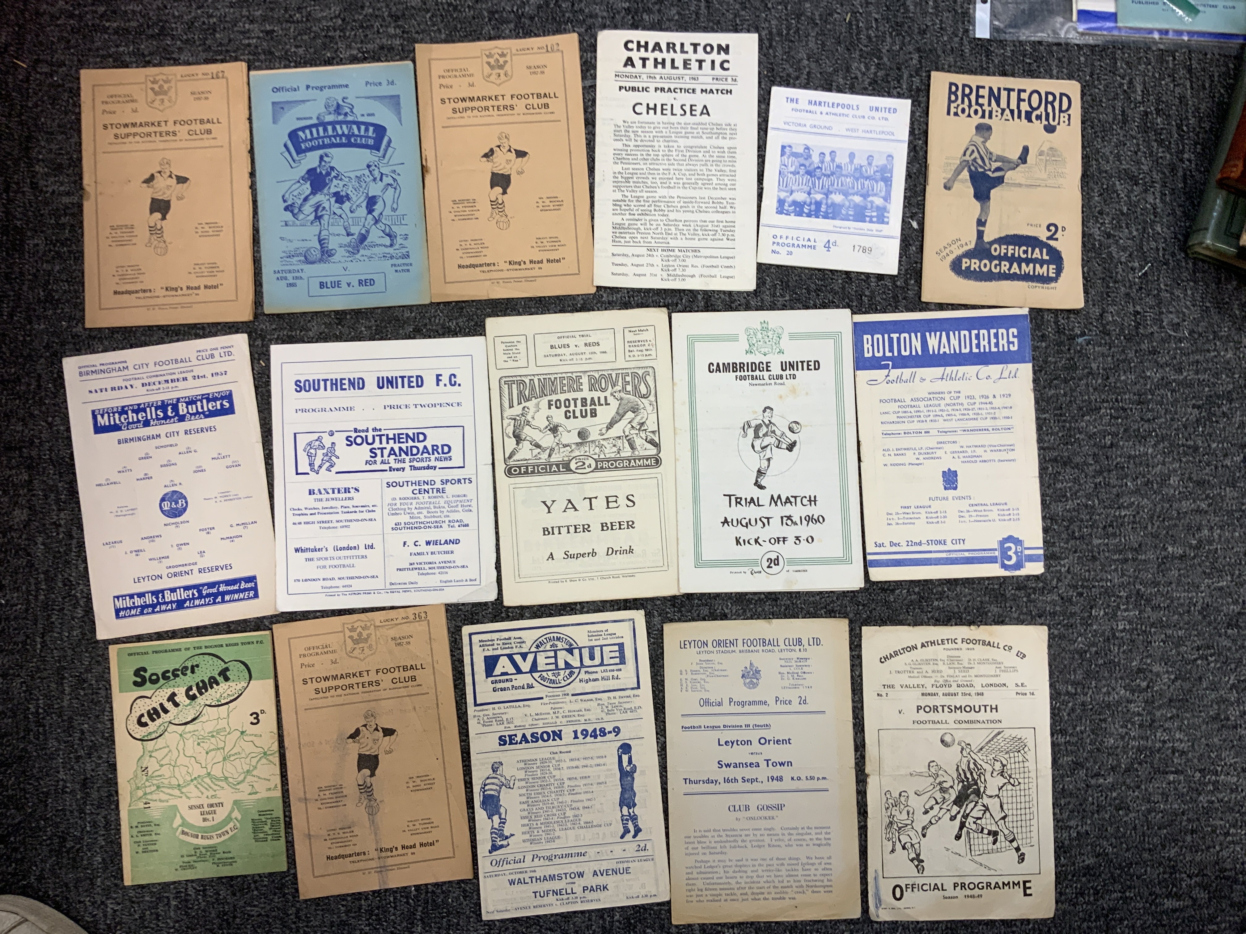 Football Programme Selection: Wide range to include 46/47 Brentford v Charlton, 48/49 Orient v Swansea, Charlton v Portsmouth reserves, Walthamstow v Tufnel Park, 54/55 Bognor v Bexhill, 51/52 Bolton v Stoke. C/W public trials at 1955 Millwall, 1960 Cambridge United, Tranmere plus 69/70 Southend v Orient LMWL and some 57/58 Stowmarket. Good. (16)