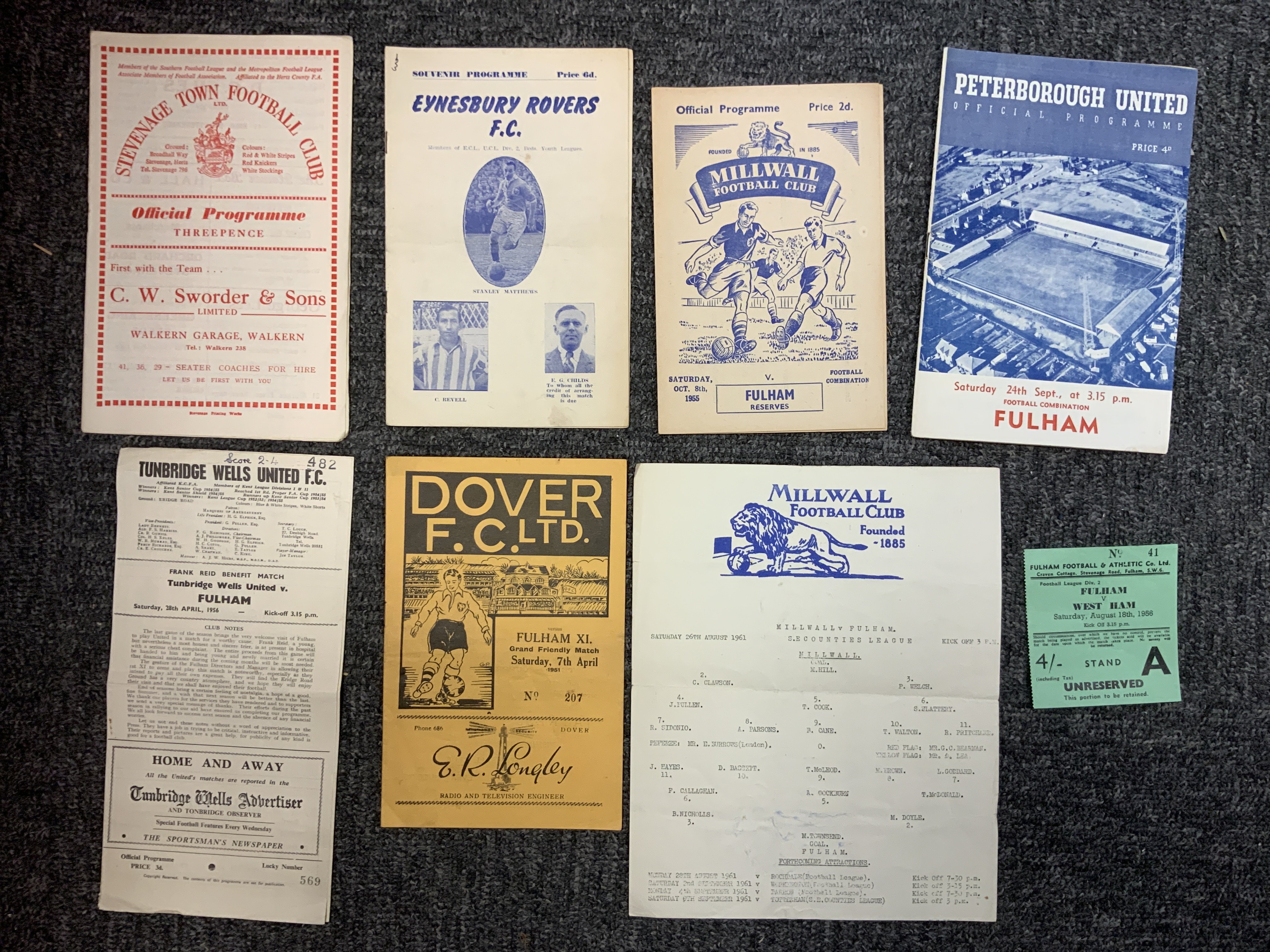 Fulham Football Programmes + Ticket: Home league ticket v West Ham. C/W some interesting aways at 50/51 Dover, mid 50s Eynesbury Rovers, 55/56 Tunbridge Wells, Millwall reserves, 60/61 Peterborough reserves, 61/62 Millwall SE Counties, 63/64 Stevenage. Very good. (8)