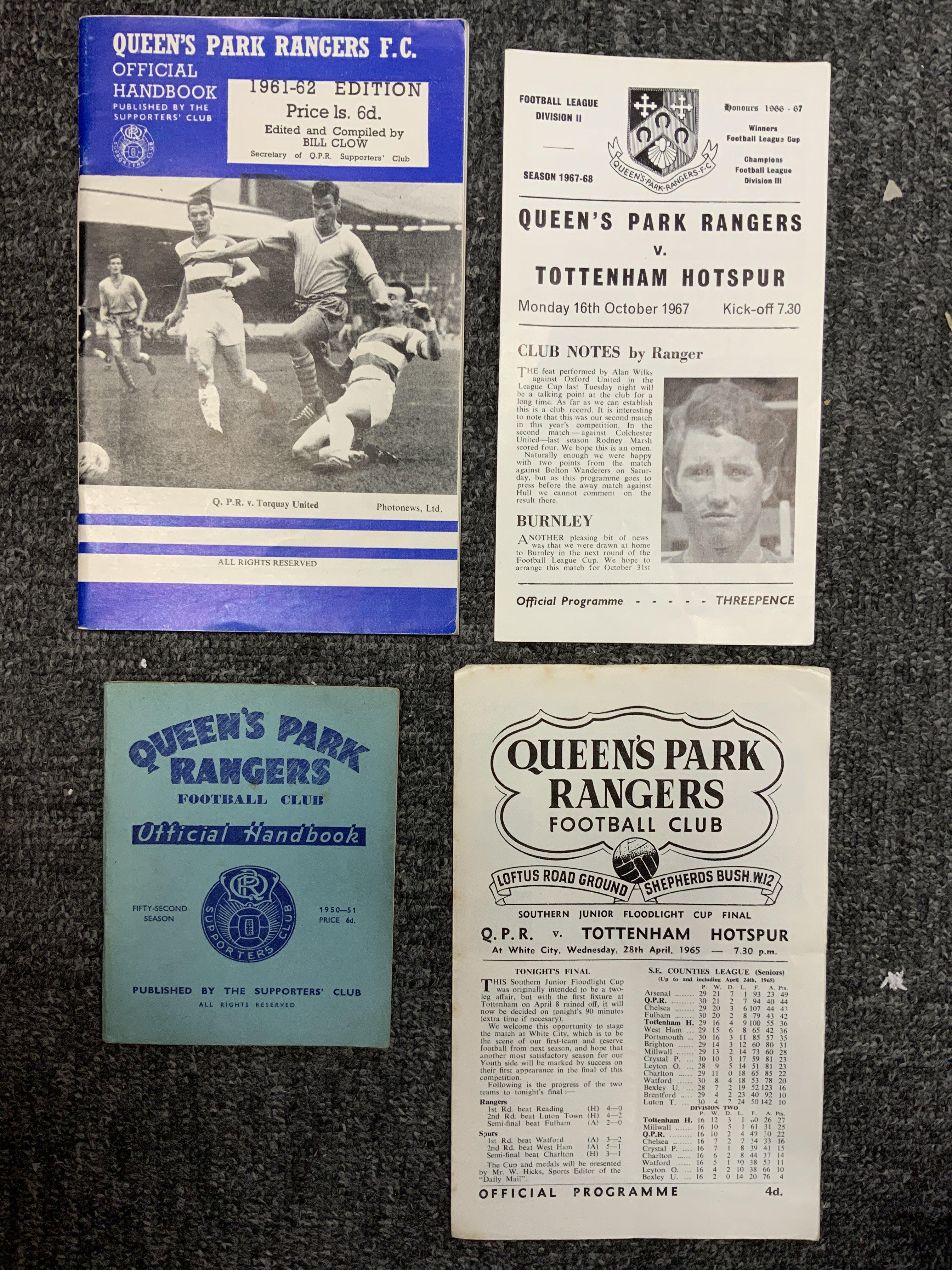 QPR Football Memorabilia: Two home programmes v Tottenham 64/65 SJFC Final and 67/68 probably SECounties League dated 16 10 67. C/W handbooks for 50/51 and 61/62. Very good. (4)