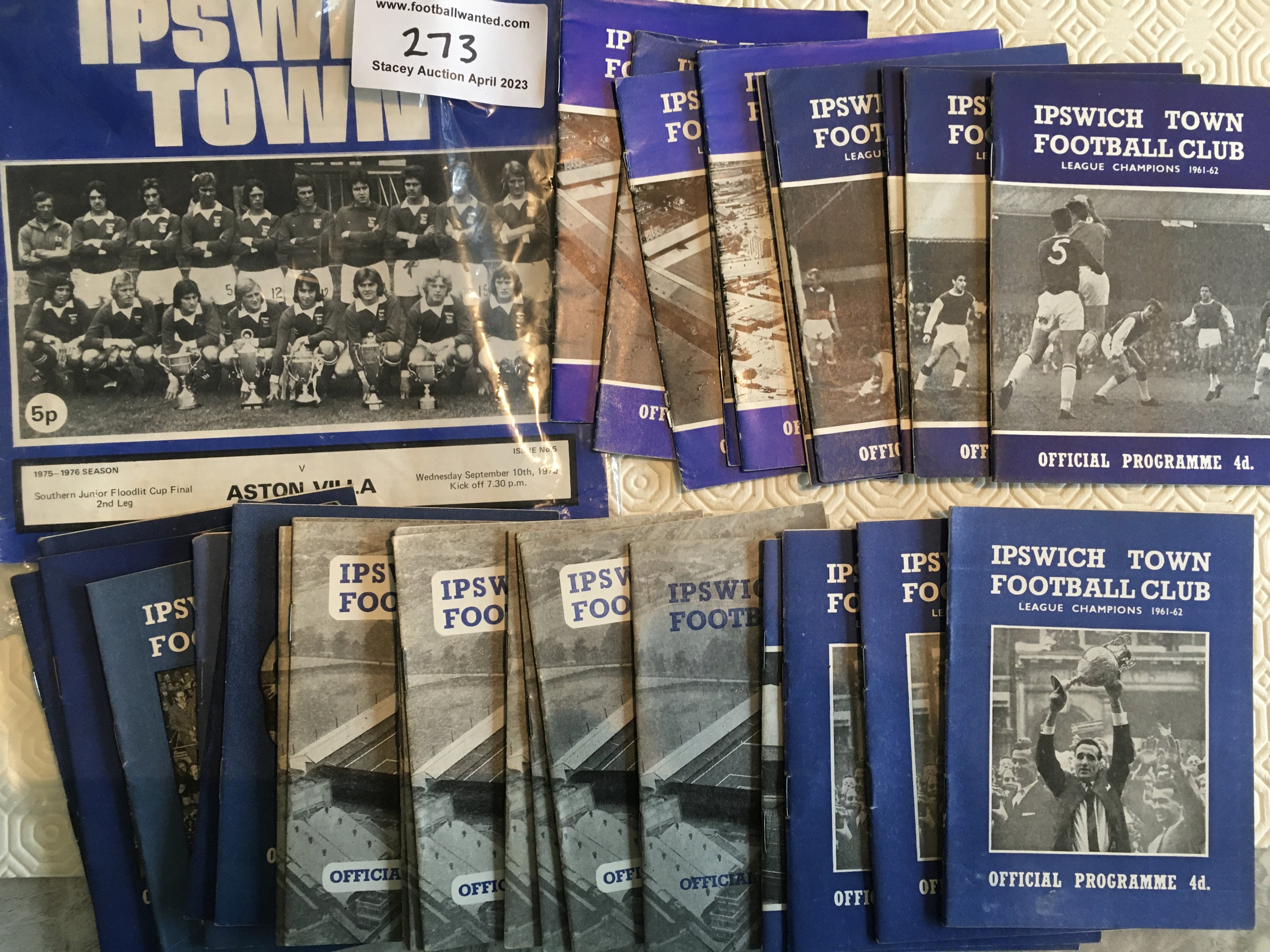 Ipswich Town Home Football Programmes: 31 of the small format from the late 50s to mid 60s including a few from 61/62 Championship season. Good. C/W SJFC Final 75/76 v Aston Villa. (32)