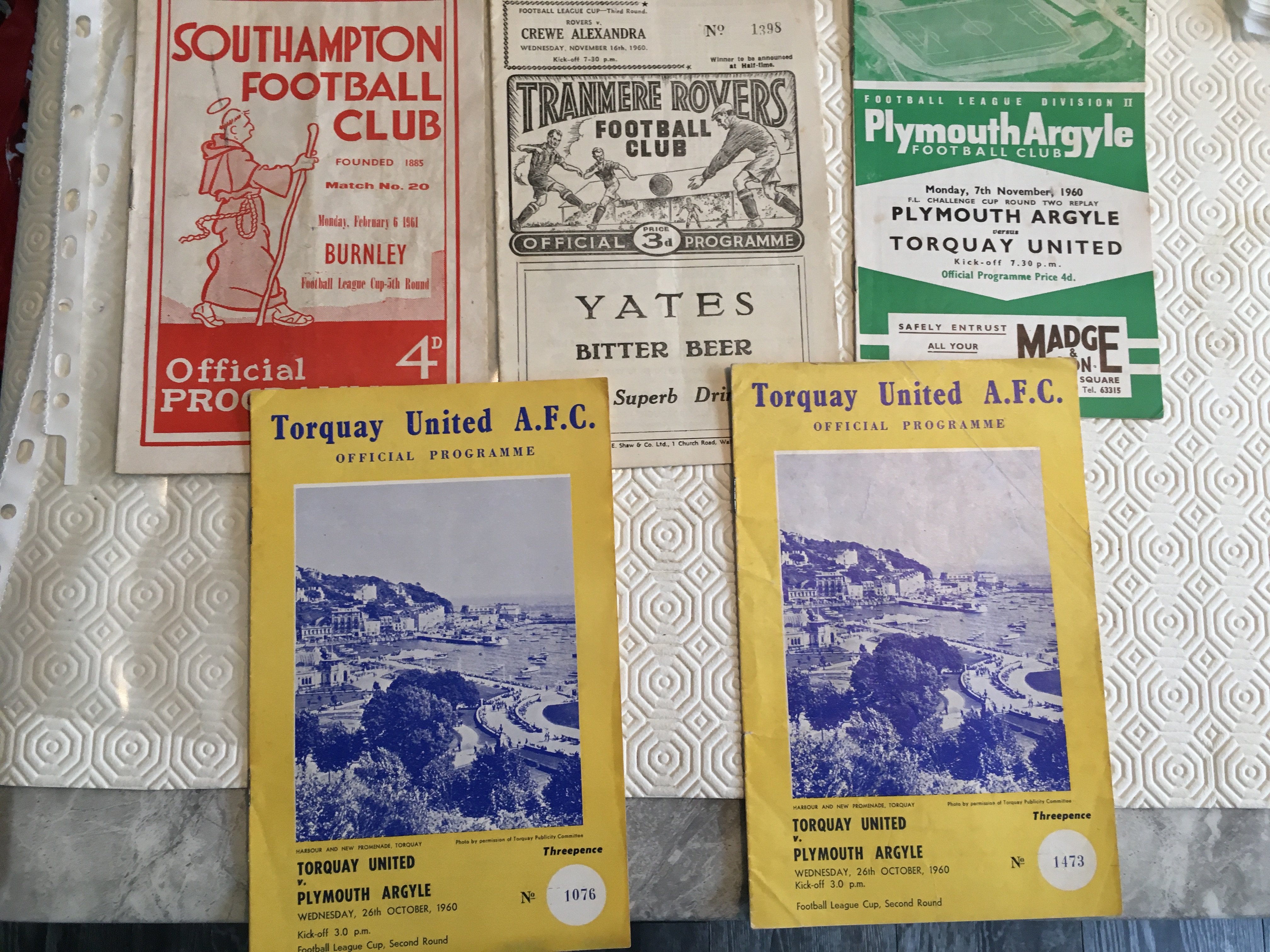 60/61 League Cup Football Programmes: Torquay homes v Plymouth x 2 plus away. Tranmere v Crewe and Southampton v Burnley. Good. (5)