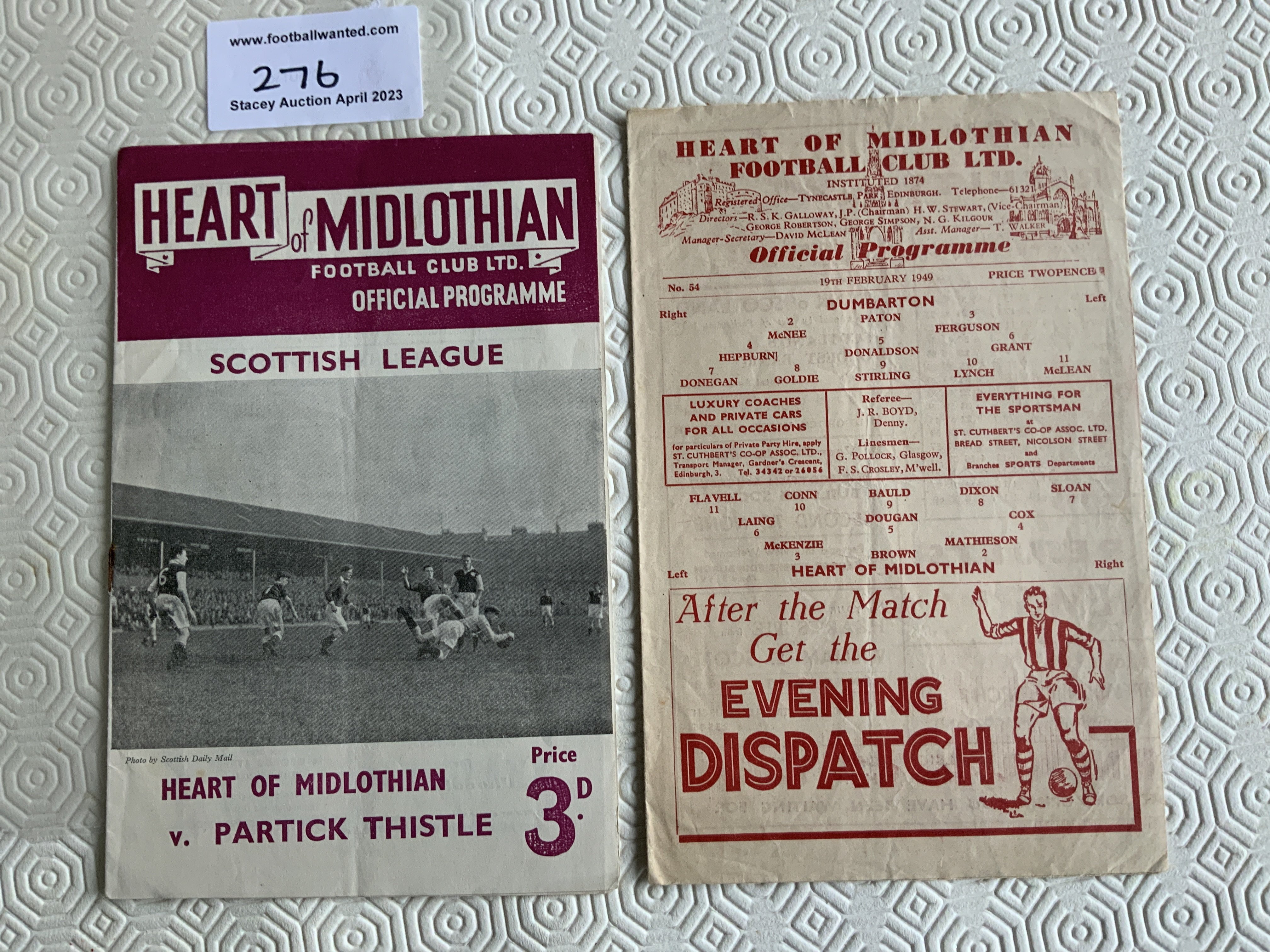 Hearts Football Programmes: 48/49 home v Dumbarton and away 53/54 v Patrick. Good. (2)