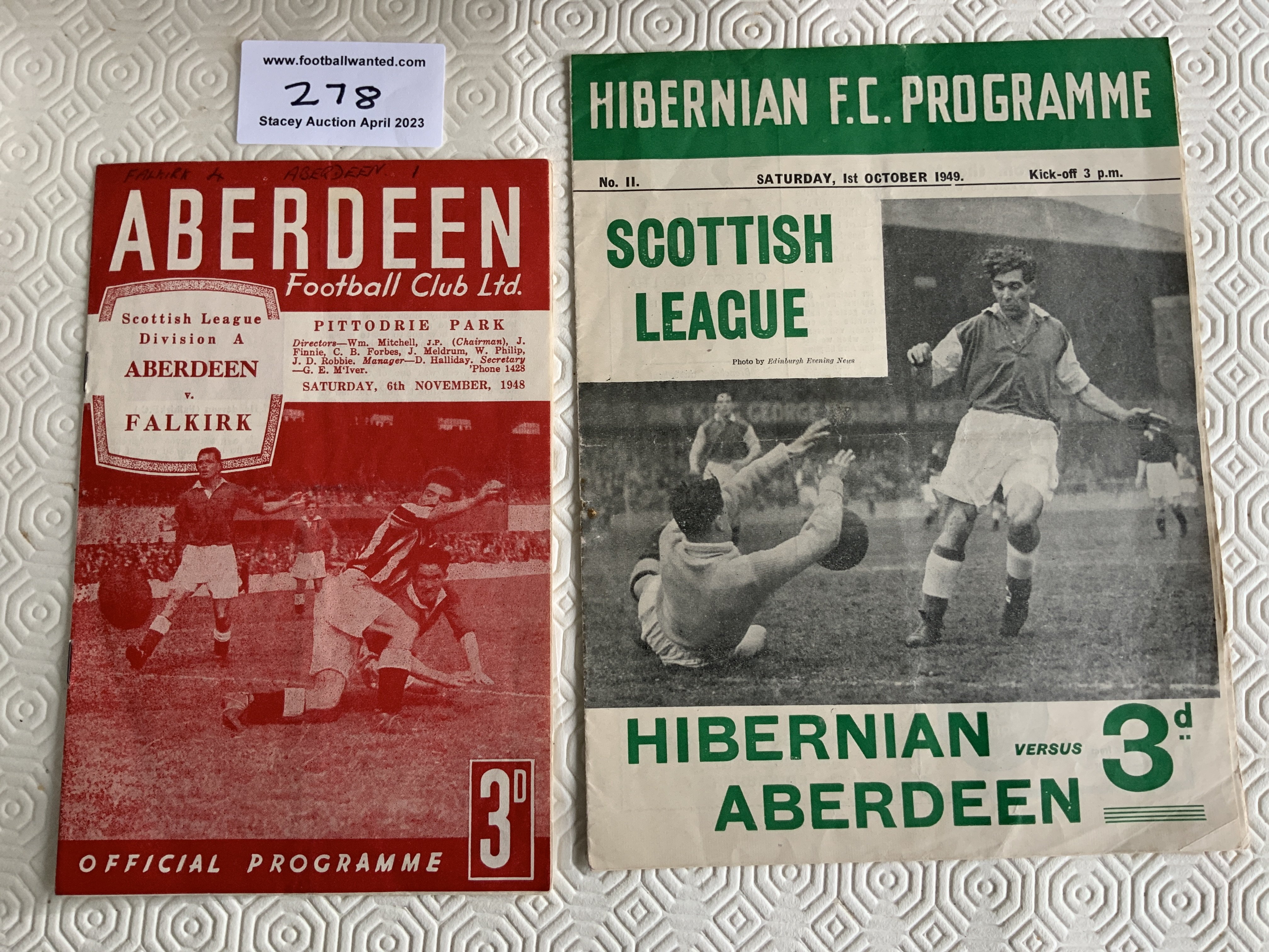 1940s Aberdeen Football Programmes: 48/49 home v Falkirk result discreetly written to cover and 49/50 away v Hibernian. Excellent. (2)